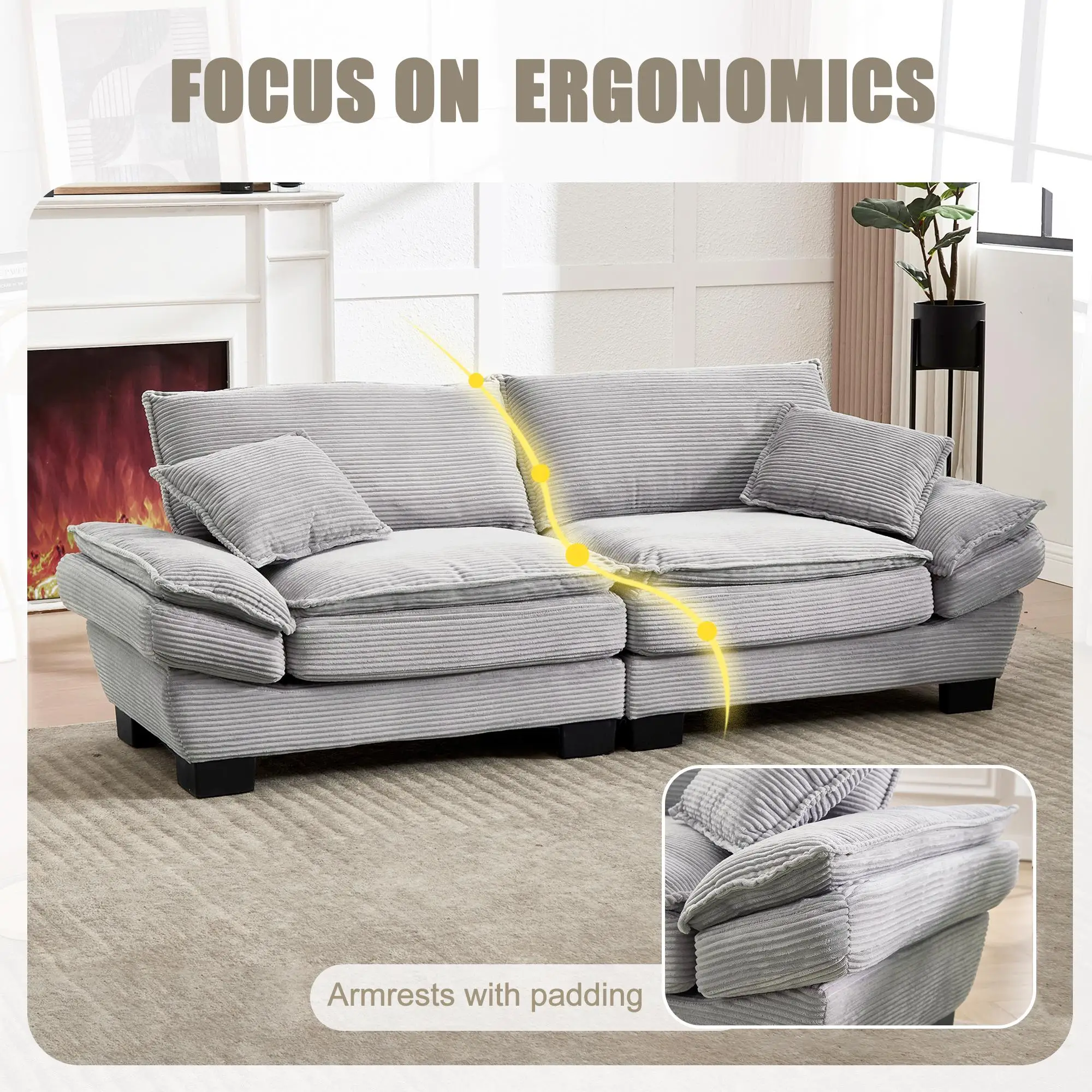 Corduroy Sofa 224 x 81 x 81cm - Light Grey - 5
