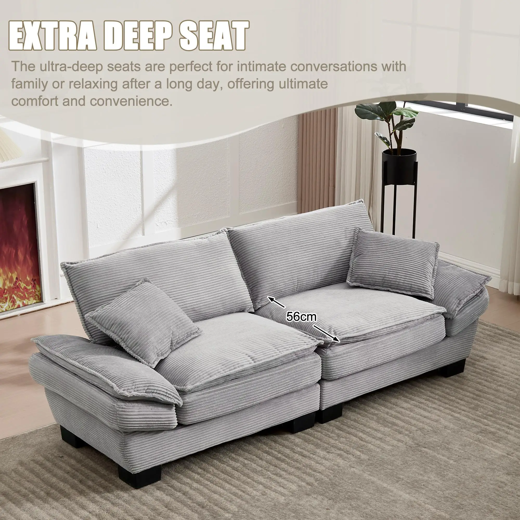 Corduroy Sofa 224 x 81 x 81cm - Light Grey - 6