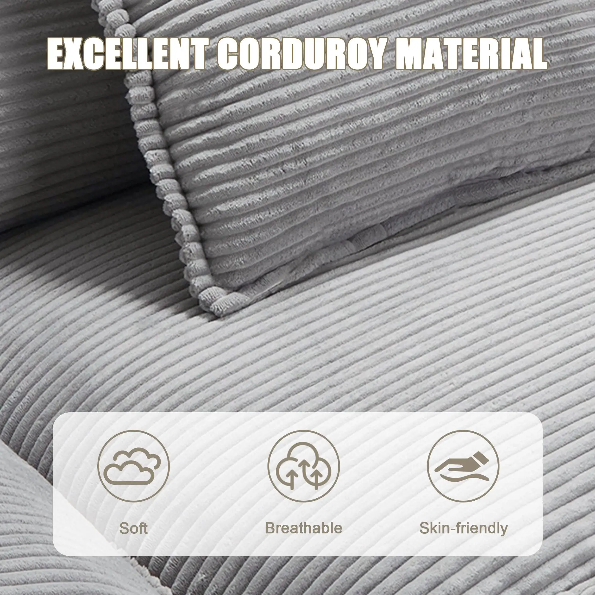 Corduroy Sofa 224 x 81 x 81cm - Light Grey - 8