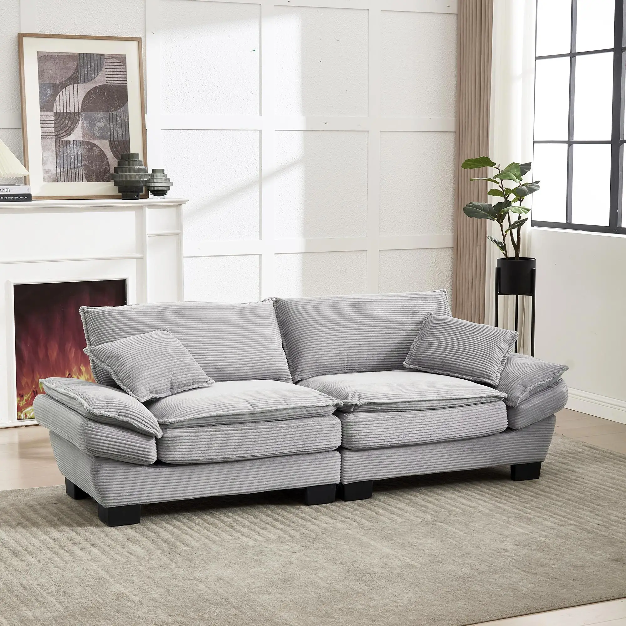 Corduroy Sofa 224 x 81 x 81cm - Light Grey - 9