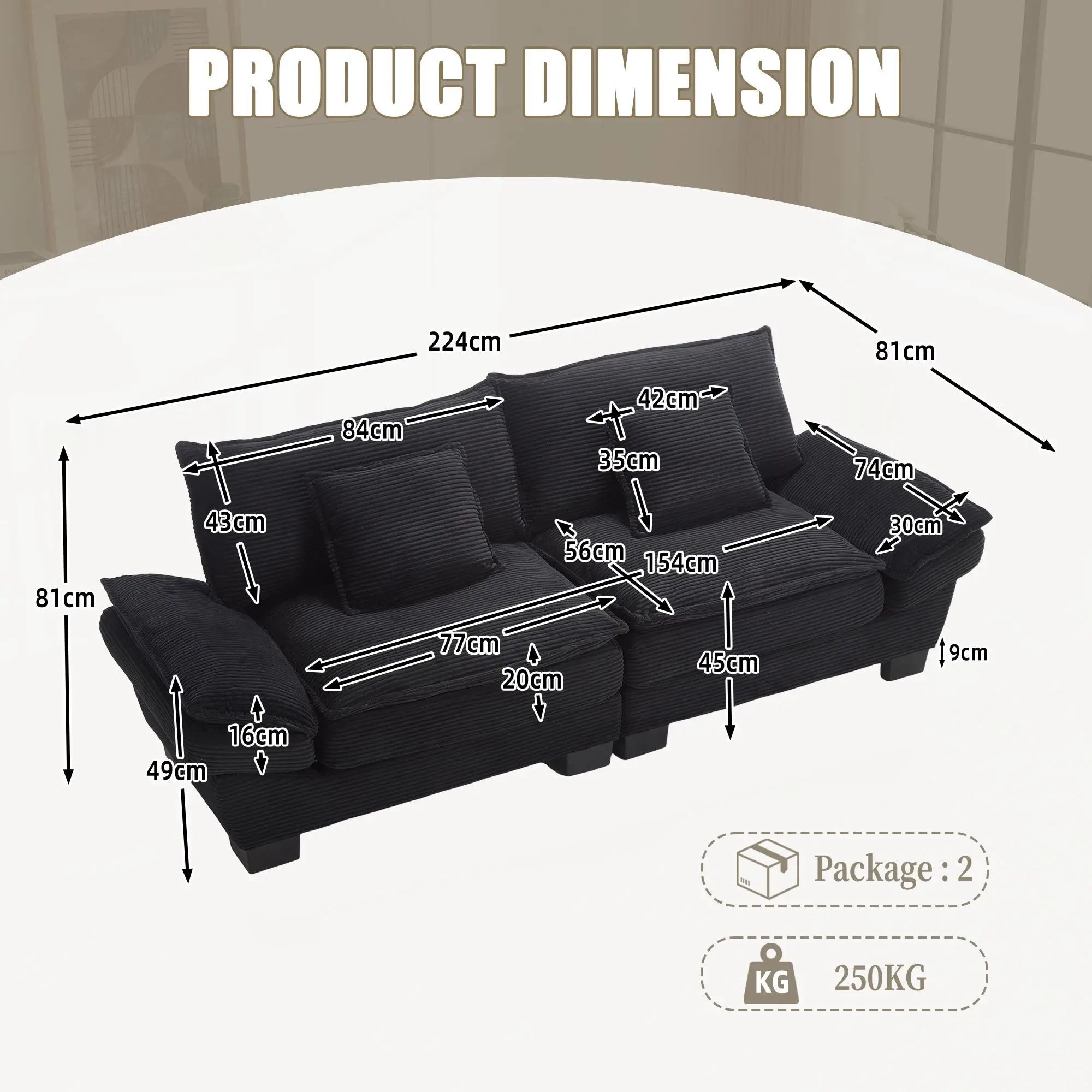 Corduroy Sofa 224 x 81 x 81cm - Black - 3