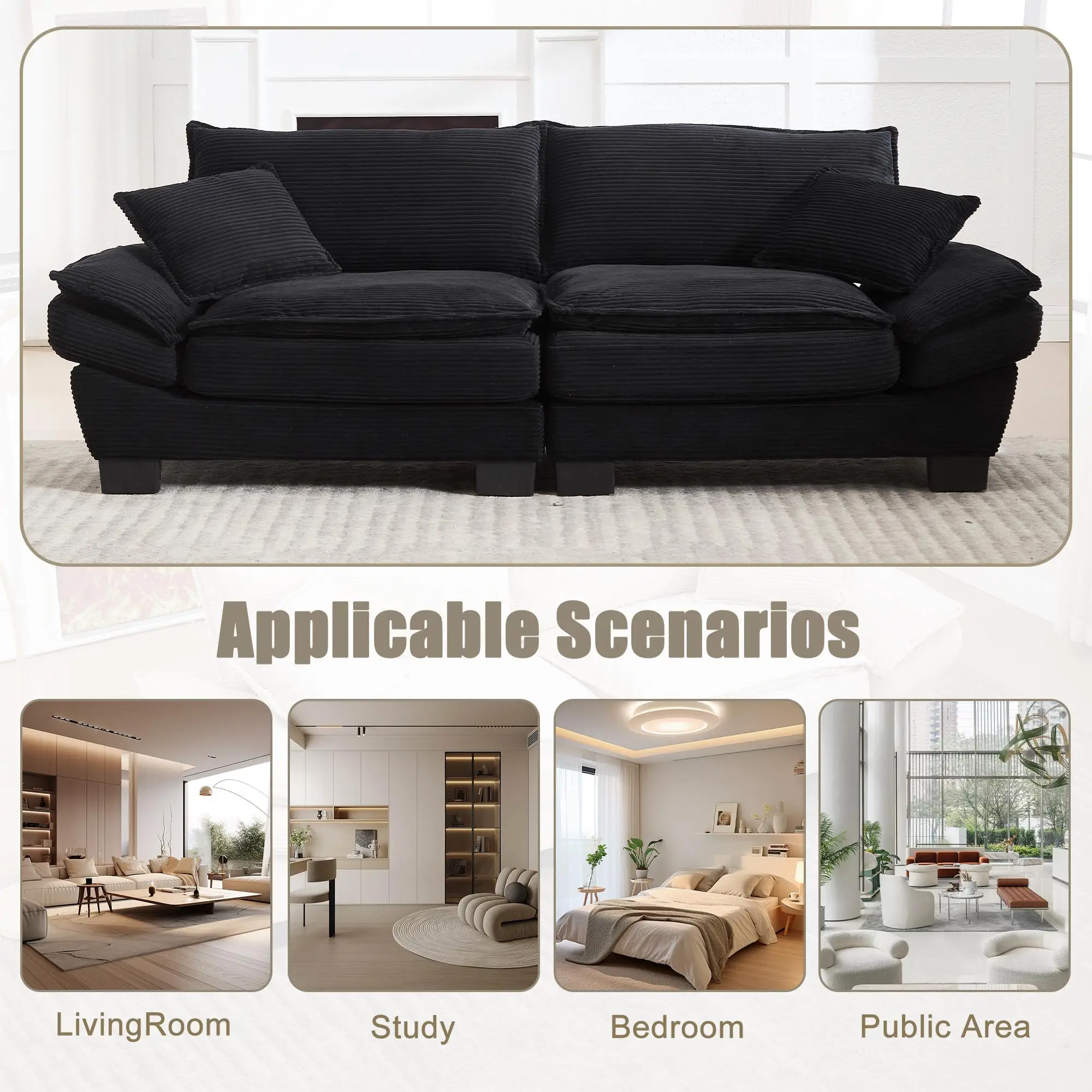 Corduroy Sofa 224 x 81 x 81cm - Black - 4