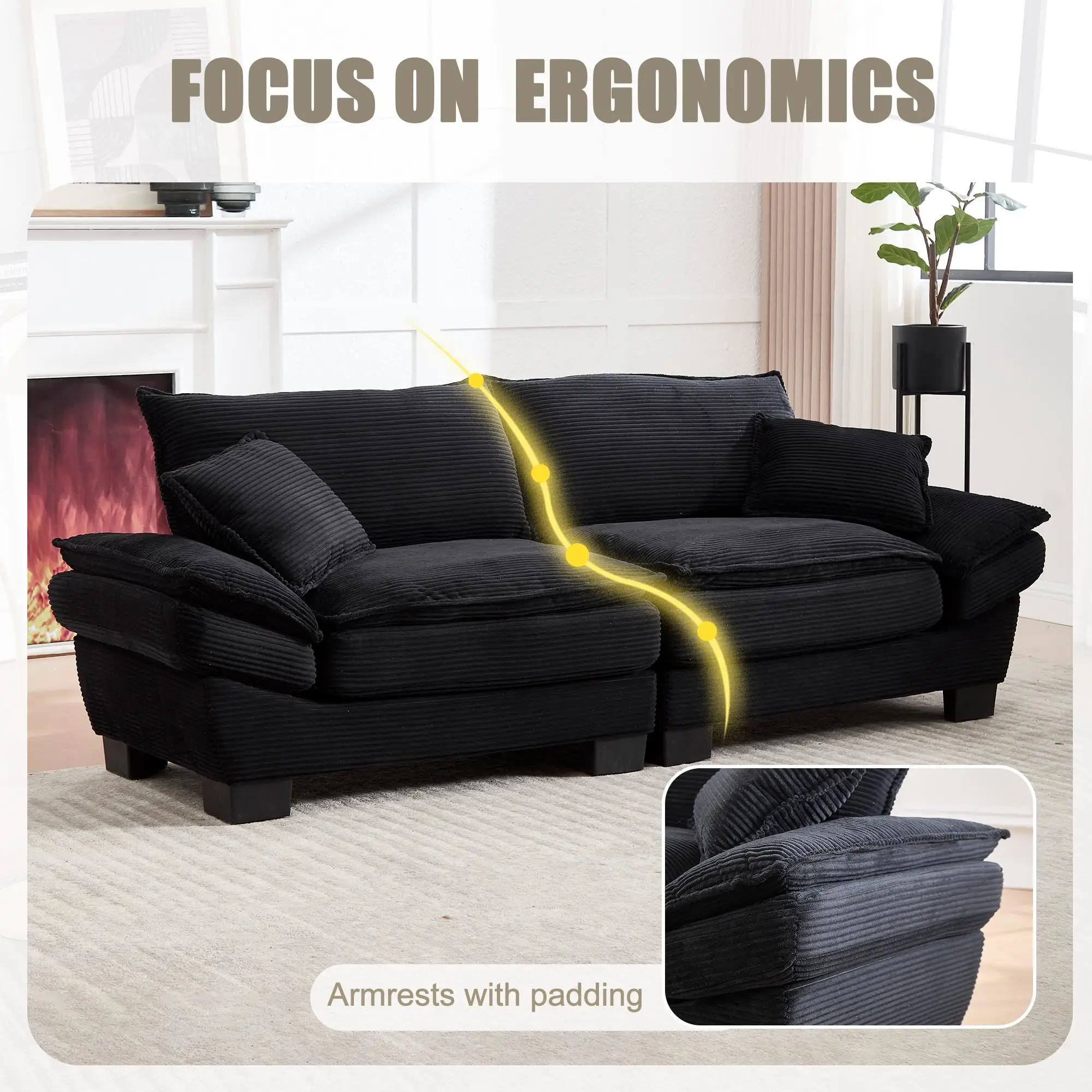 Corduroy Sofa 224 x 81 x 81cm - Black - 5