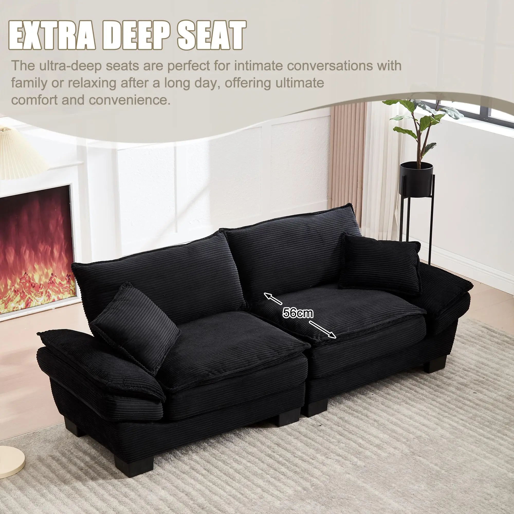 Corduroy Sofa 224 x 81 x 81cm - Black - 6