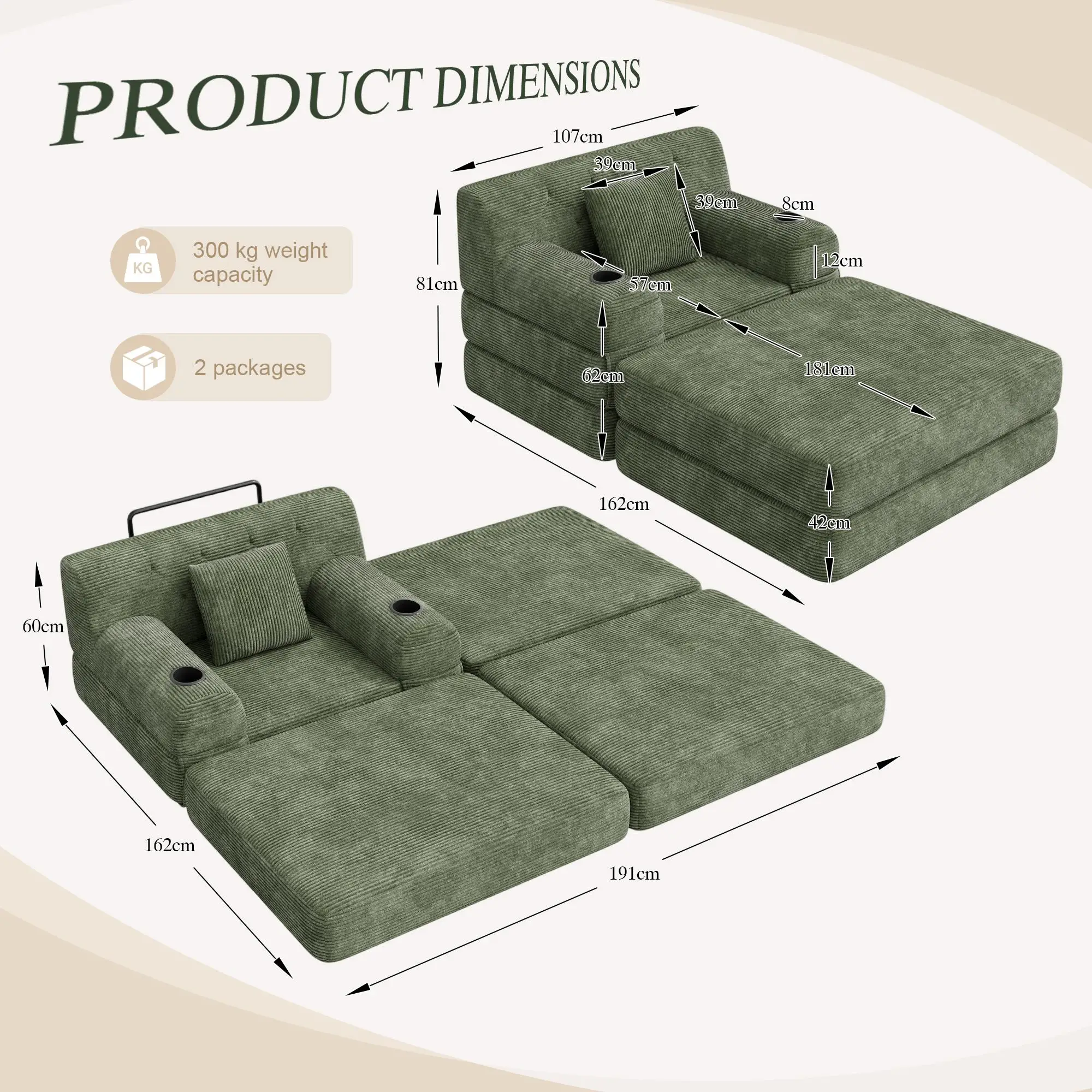 1 Seater Corduroy Sofa Bed 107 x 162 x 81cm - Green - 3
