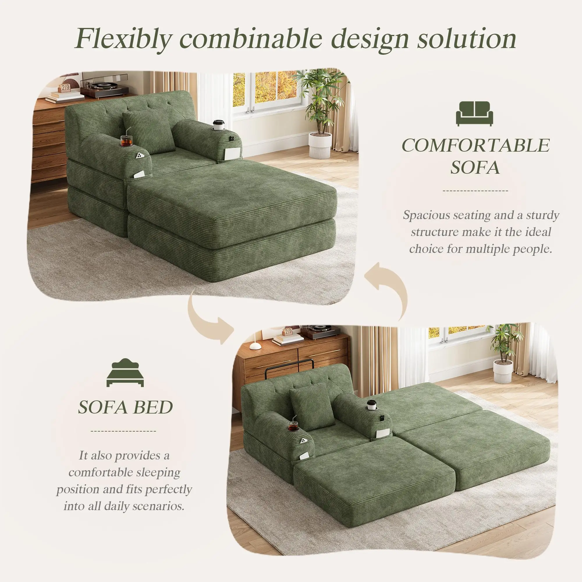 1 Seater Corduroy Sofa Bed 107 x 162 x 81cm - Green - 4