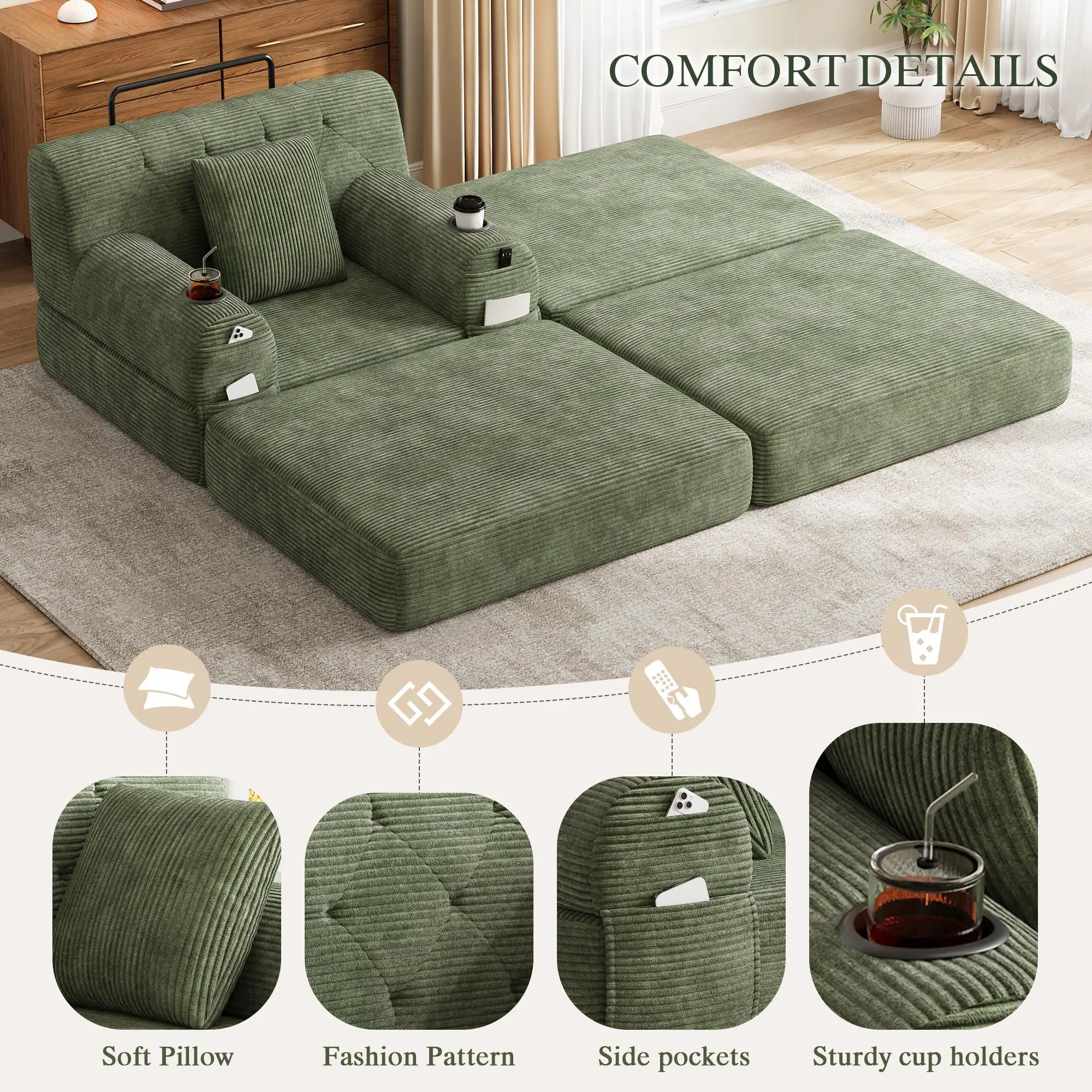 1 Seater Corduroy Sofa Bed 107 x 162 x 81cm - Green - 5
