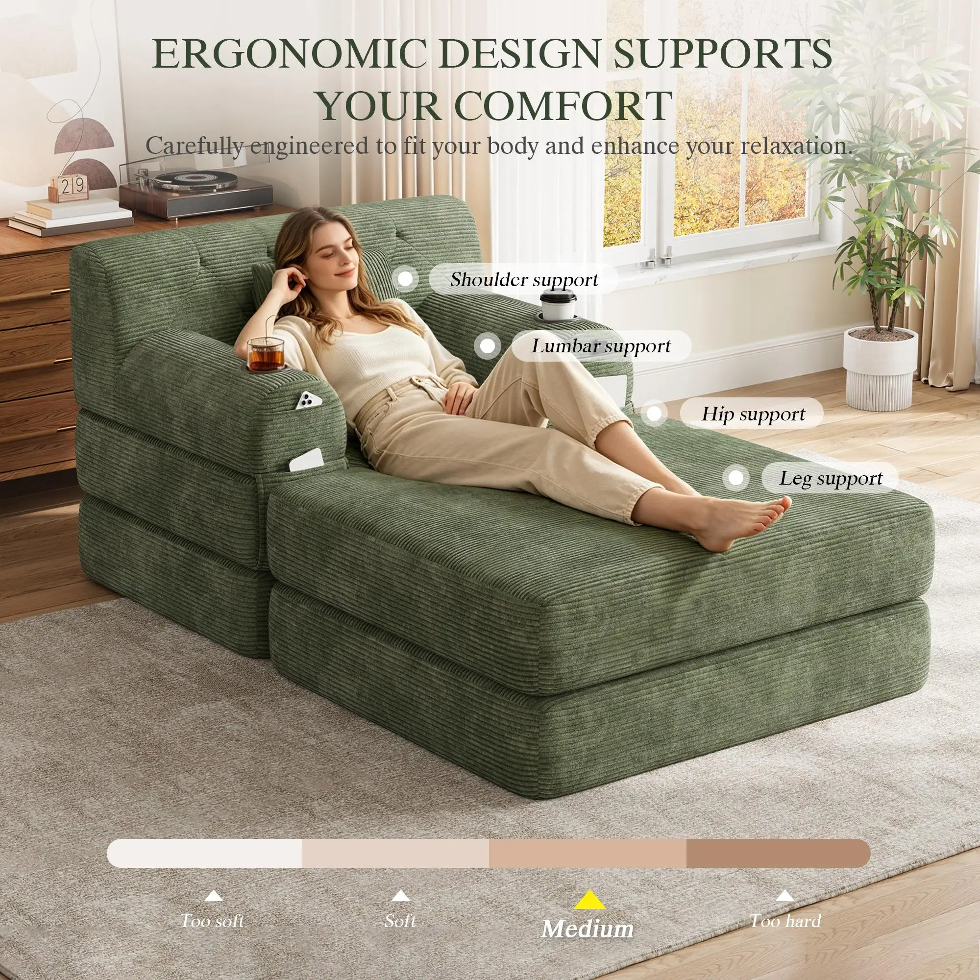1 Seater Corduroy Sofa Bed 107 x 162 x 81cm - Green - 6