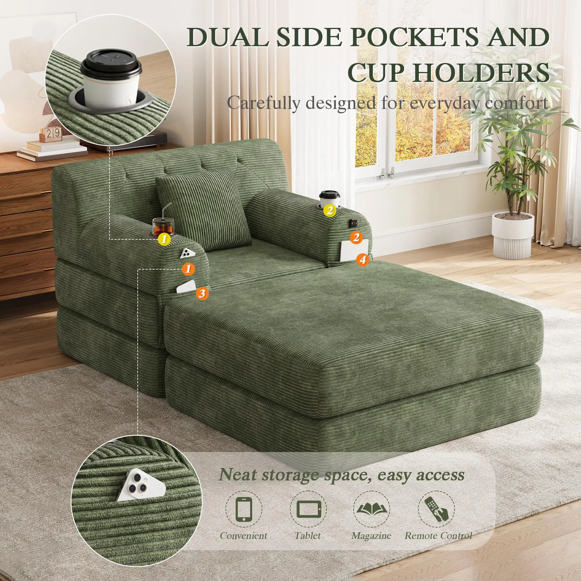 1 Seater Corduroy Sofa Bed 107 x 162 x 81cm - Green - 7