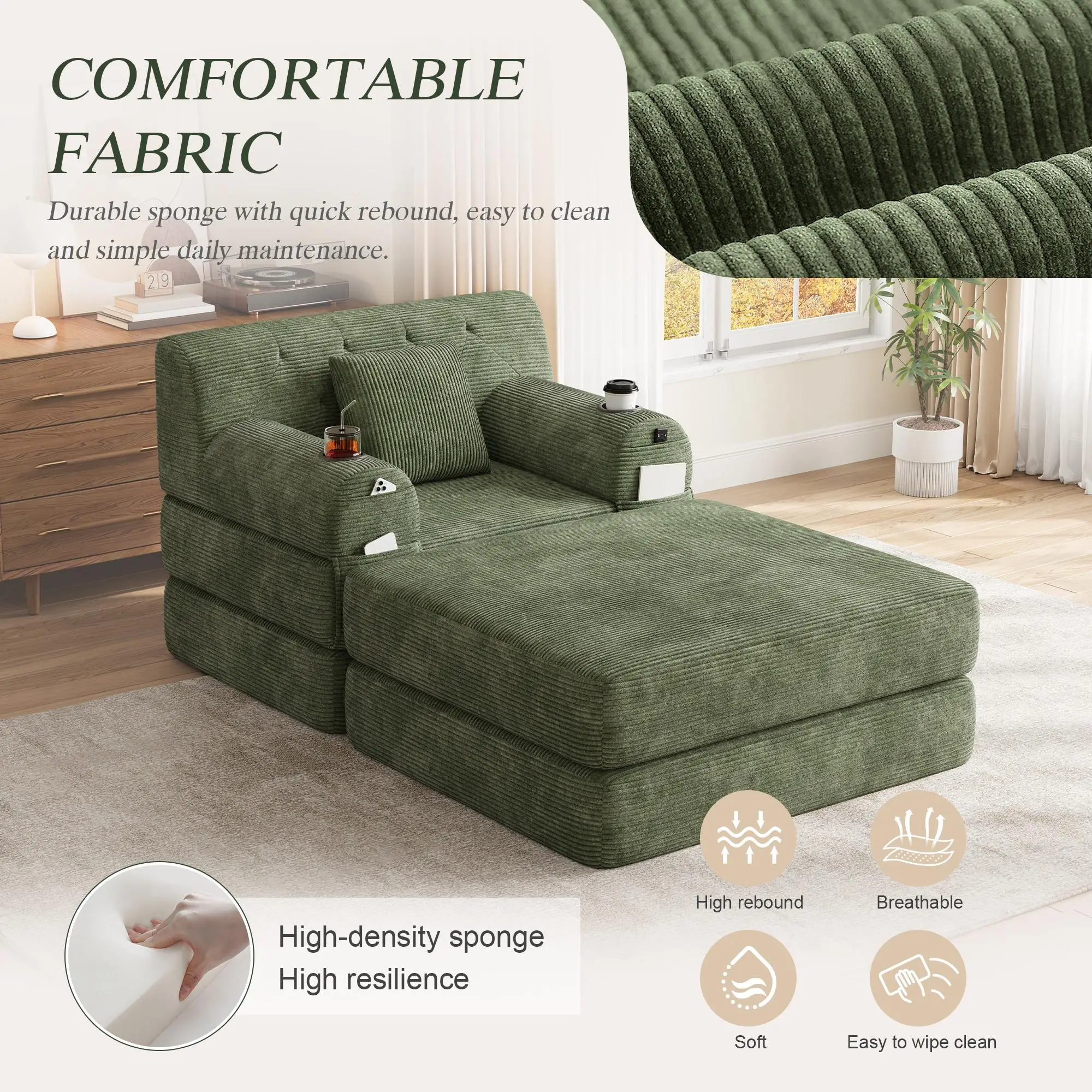 1 Seater Corduroy Sofa Bed 107 x 162 x 81cm - Green - 8