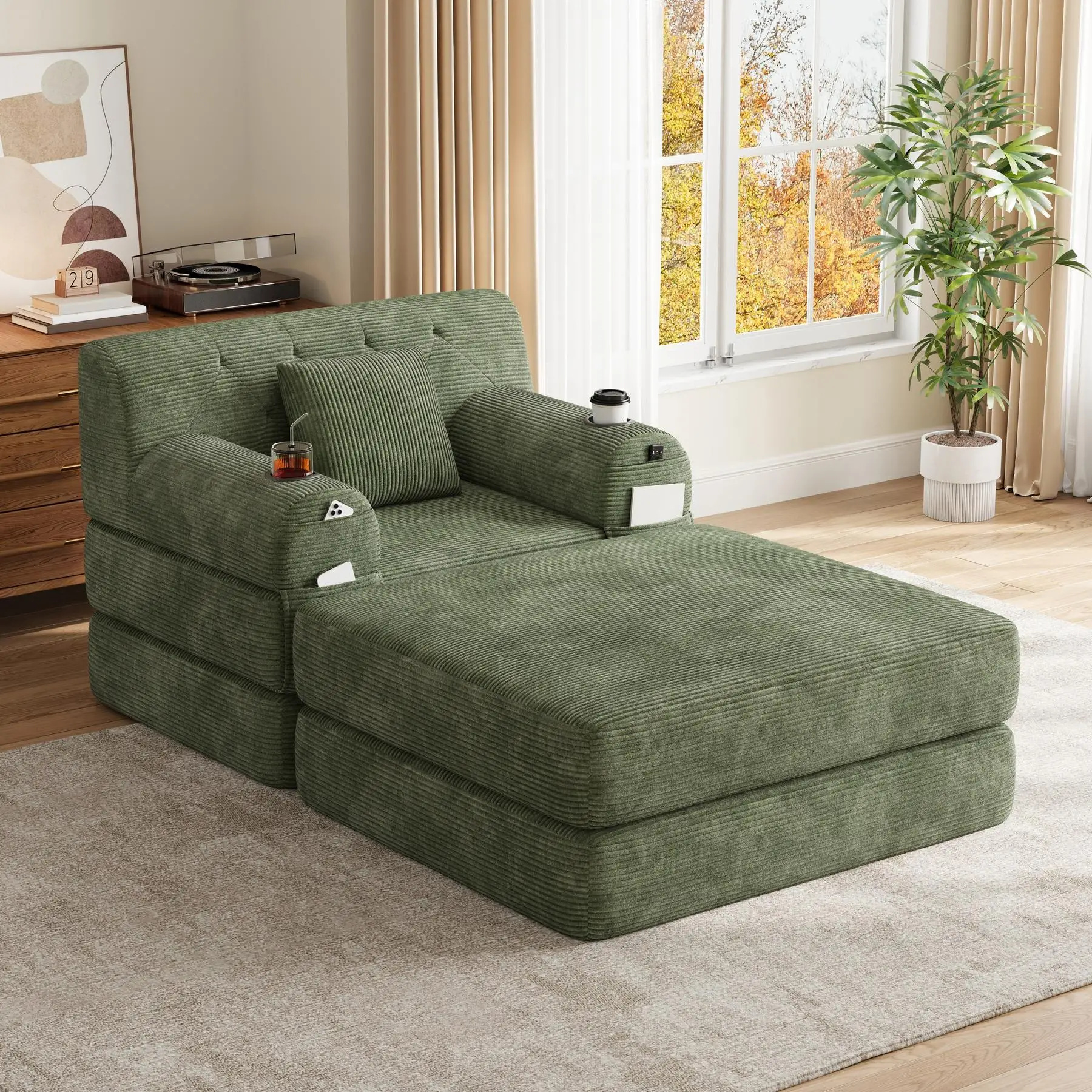 1 Seater Corduroy Sofa Bed 107 x 162 x 81cm - Green - 9