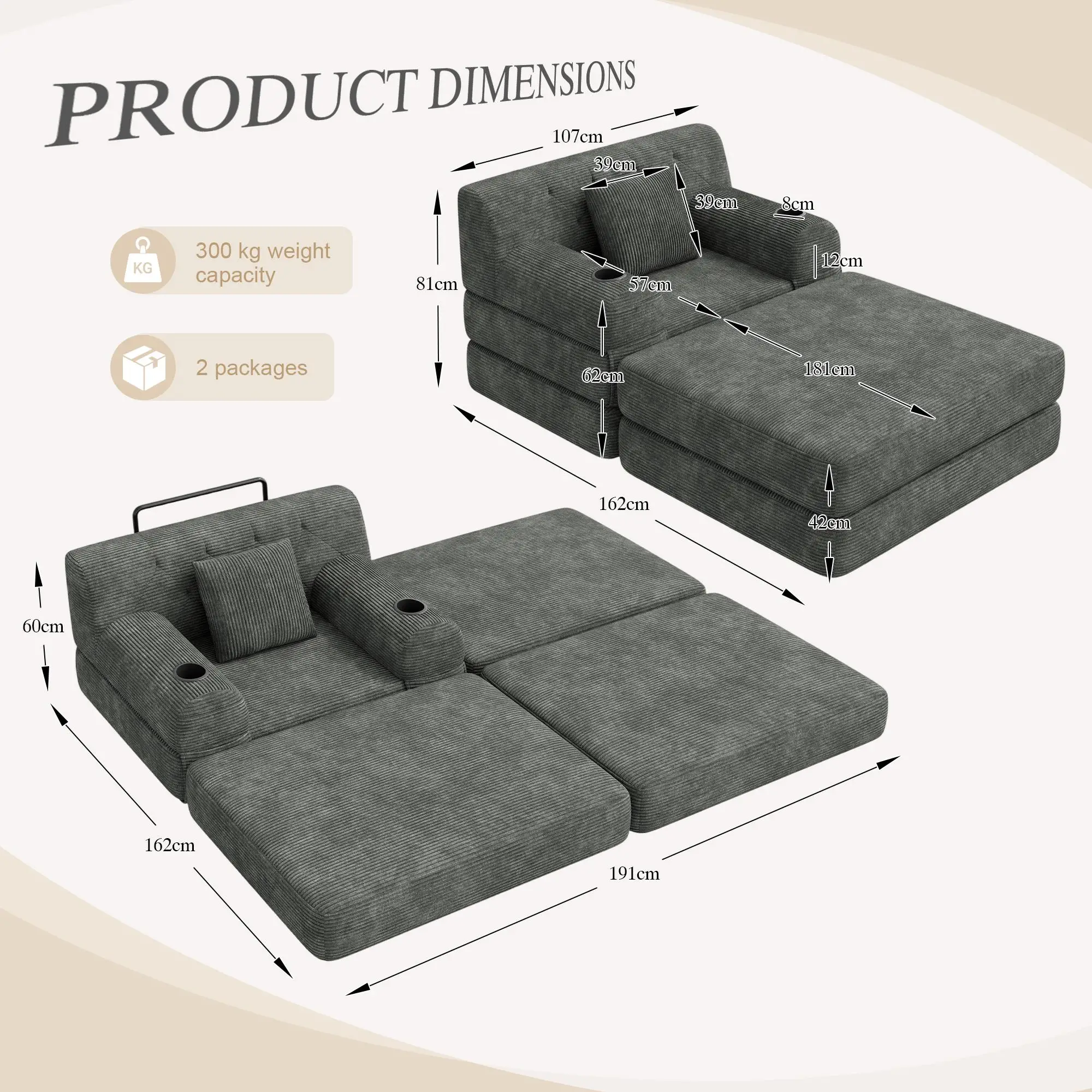 1 Seater Corduroy Sofa Bed 107 x 162 x 81cm - Dark Grey - 3