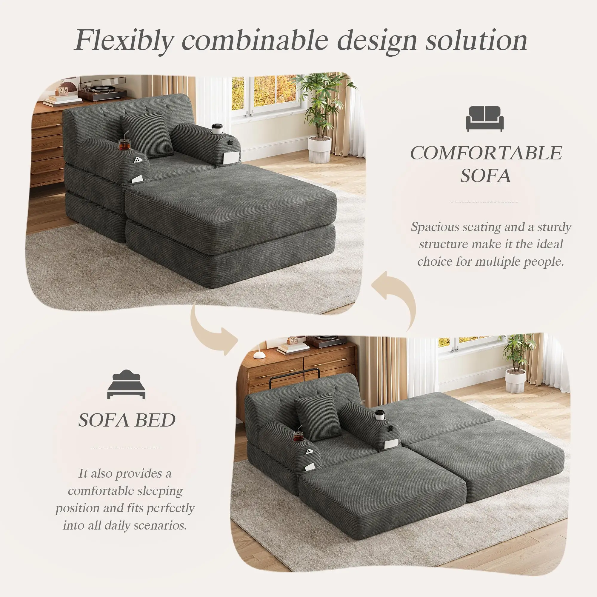 1 Seater Corduroy Sofa Bed 107 x 162 x 81cm - Dark Grey - 4