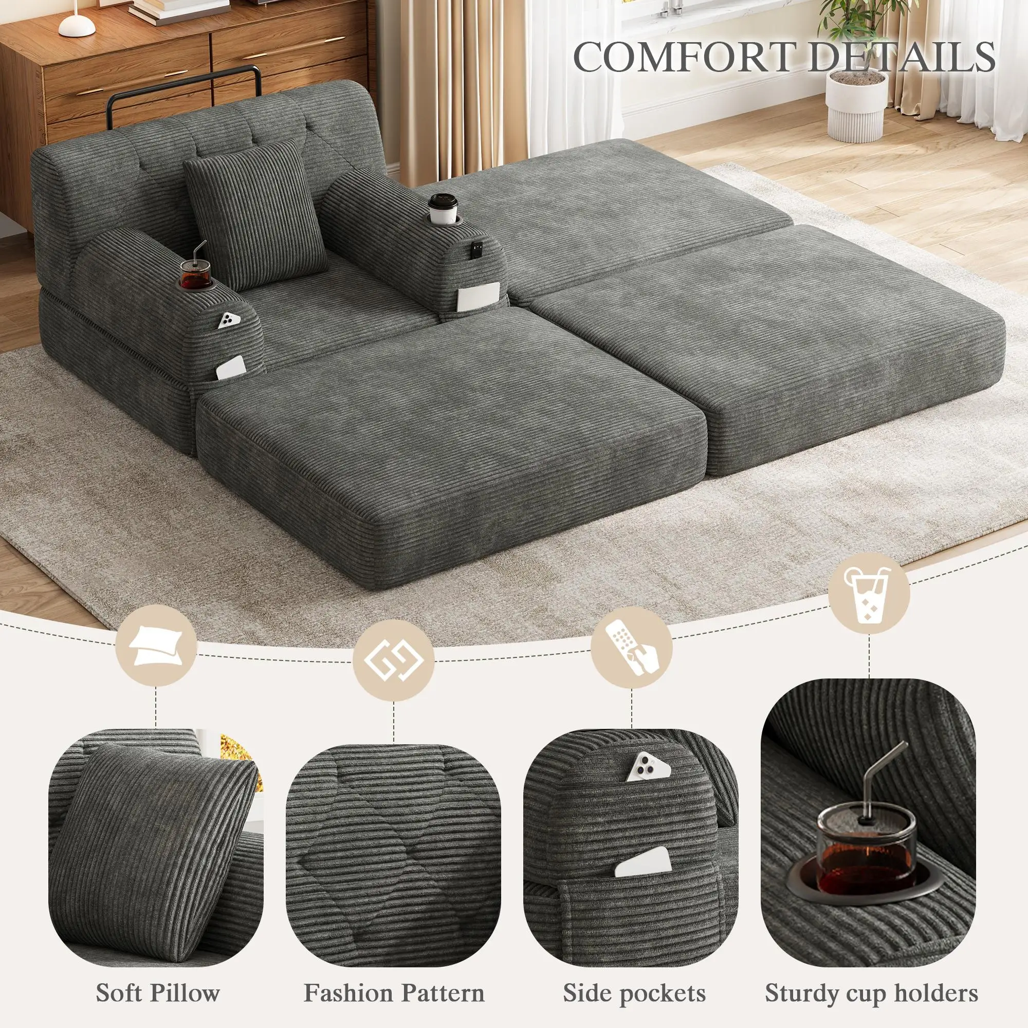 1 Seater Corduroy Sofa Bed 107 x 162 x 81cm - Dark Grey - 5