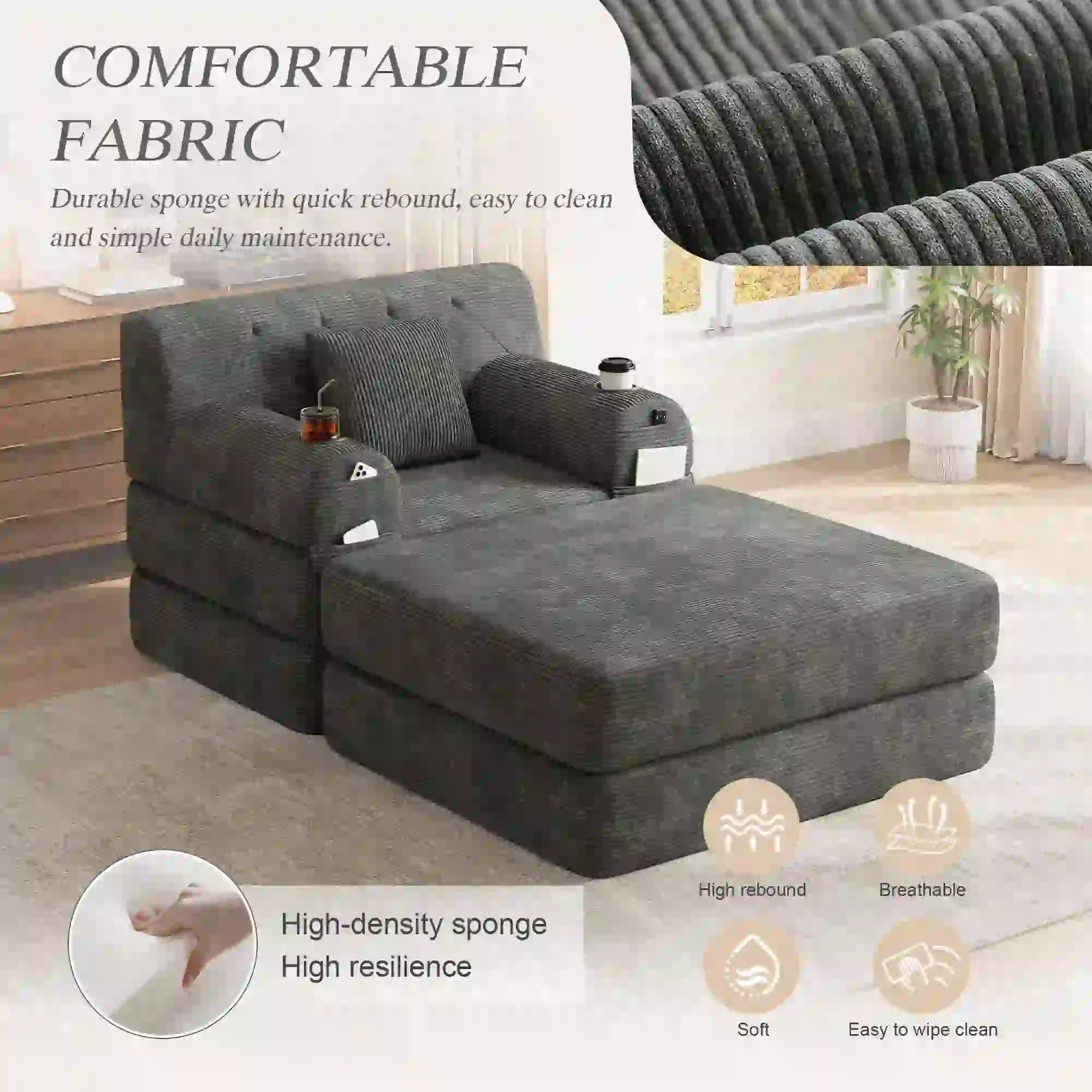 1 Seater Corduroy Sofa Bed 107 x 162 x 81cm - Dark Grey - 6