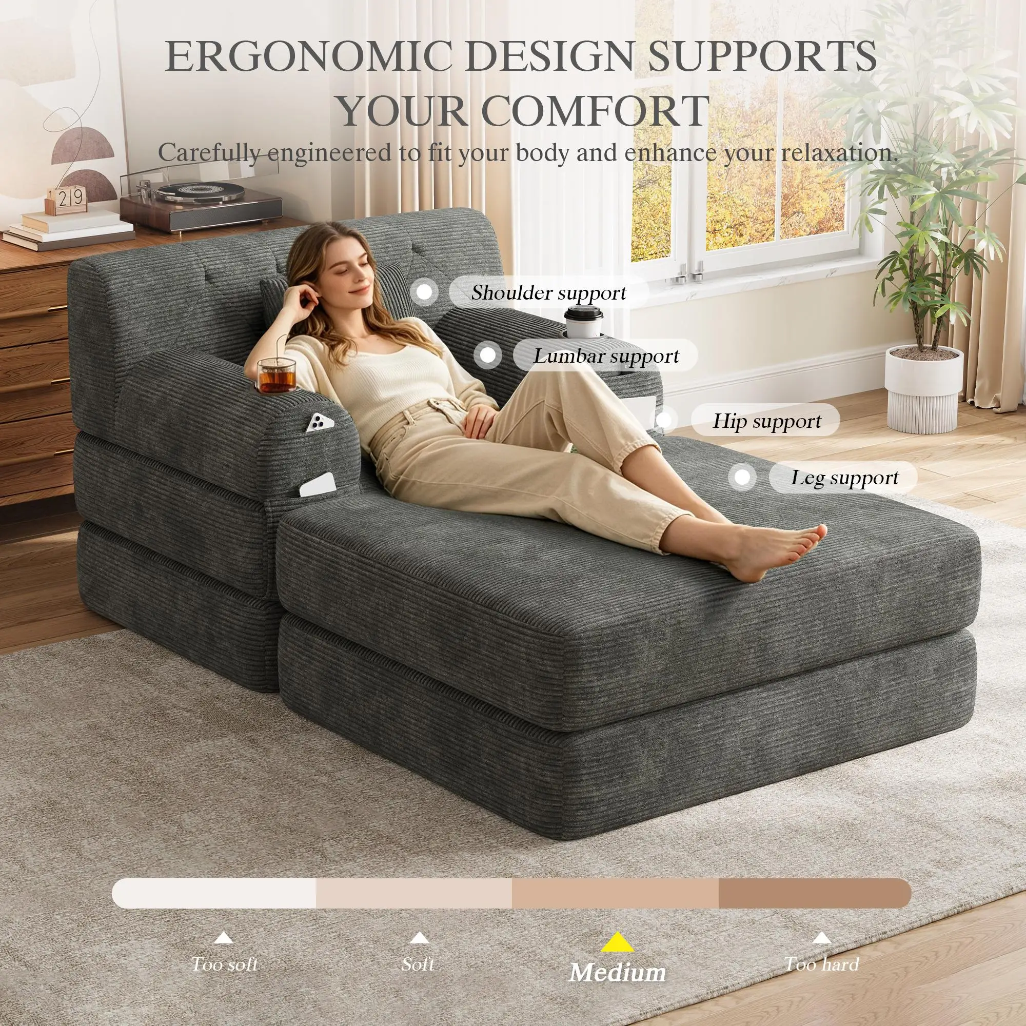 1 Seater Corduroy Sofa Bed 107 x 162 x 81cm - Dark Grey - 7