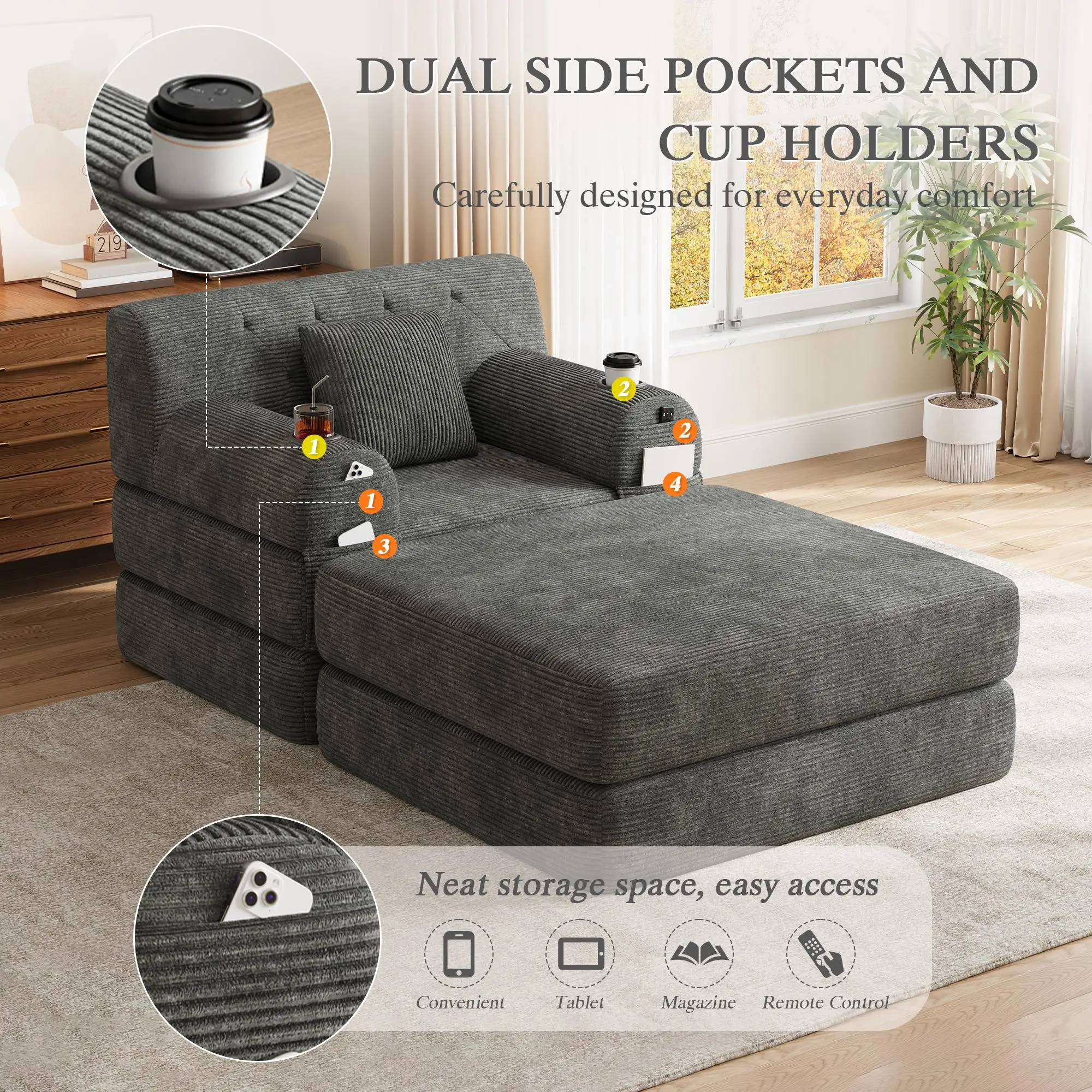 1 Seater Corduroy Sofa Bed 107 x 162 x 81cm - Dark Grey - 8