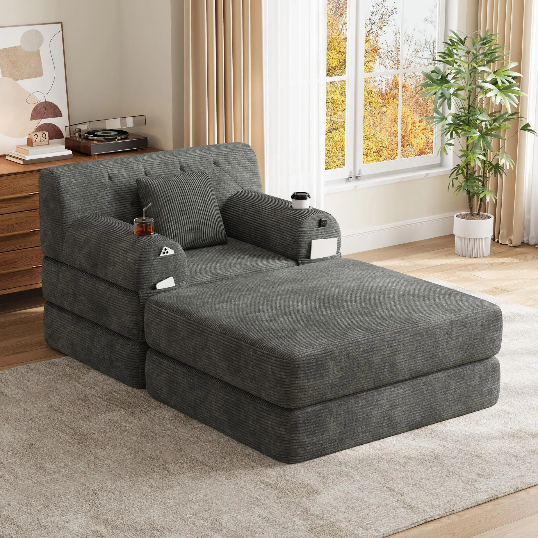 1 Seater Corduroy Sofa Bed 107 x 162 x 81cm - Dark Grey - 9