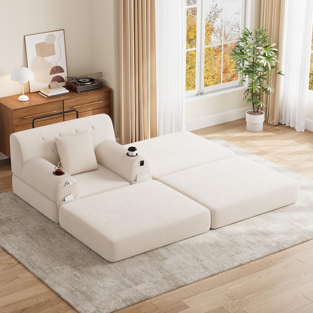 1 Seater Corduroy Sofa Bed 107 x 162 x 81cm - Beige - 1