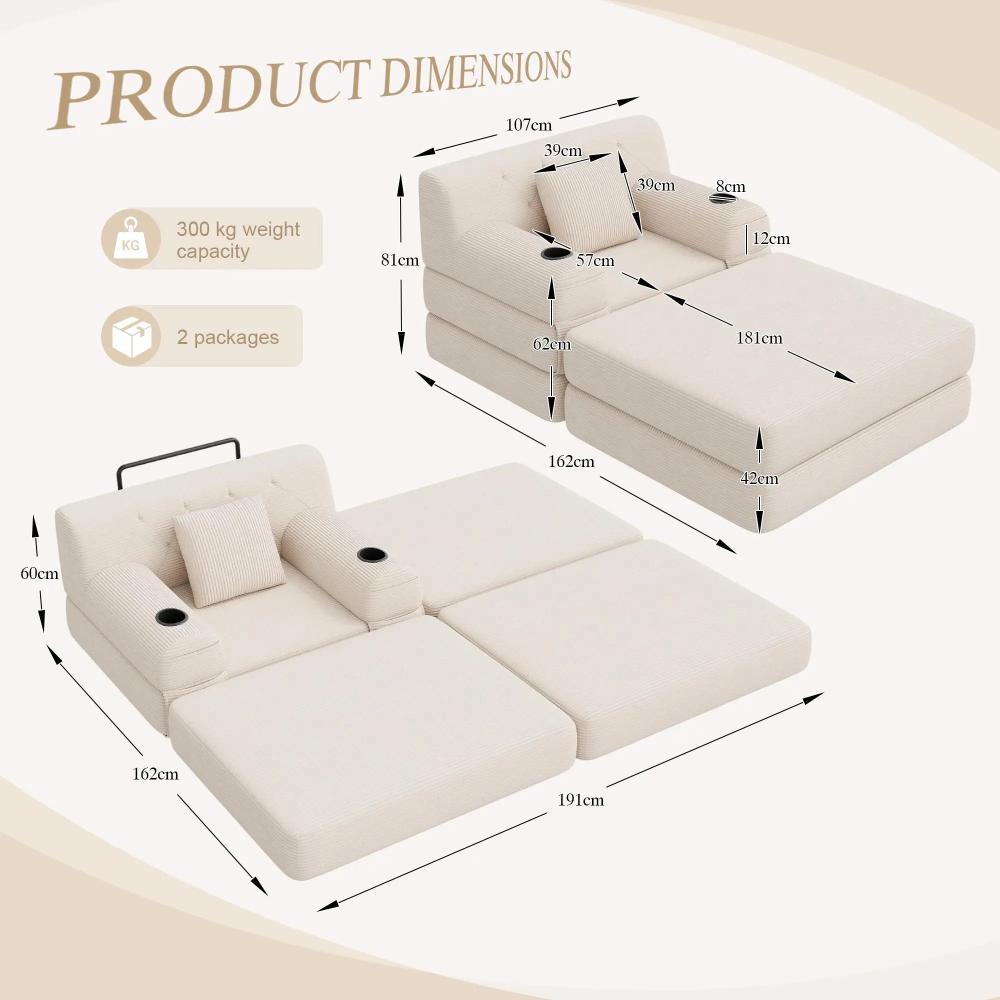 1 Seater Corduroy Sofa Bed 107 x 162 x 81cm - Beige - 3