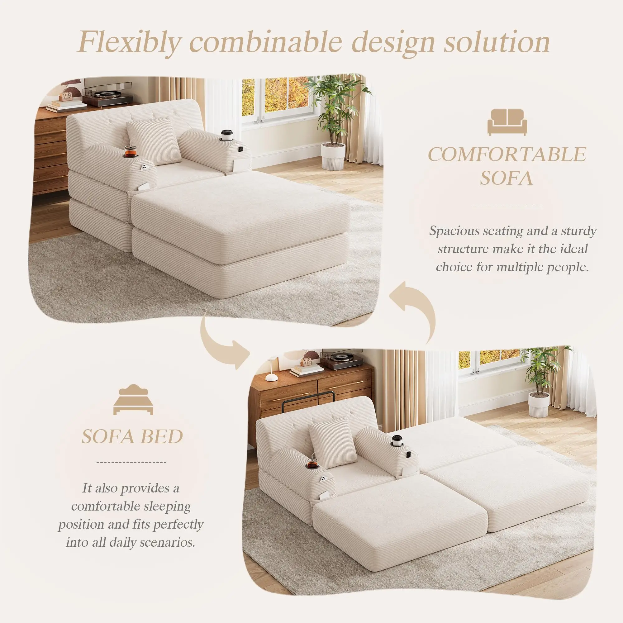 1 Seater Corduroy Sofa Bed 107 x 162 x 81cm - Beige - 4