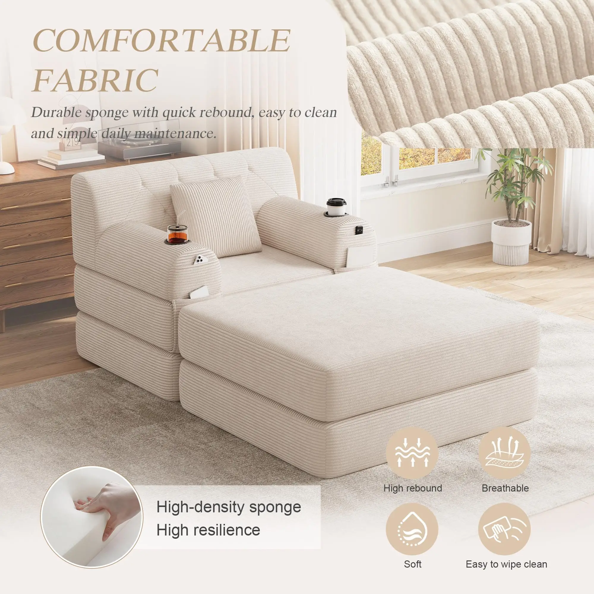 1 Seater Corduroy Sofa Bed 107 x 162 x 81cm - Beige - 5