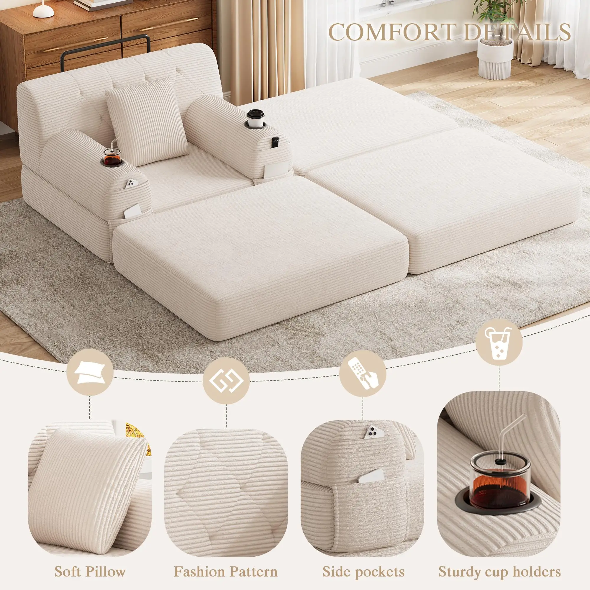 1 Seater Corduroy Sofa Bed 107 x 162 x 81cm - Beige - 6