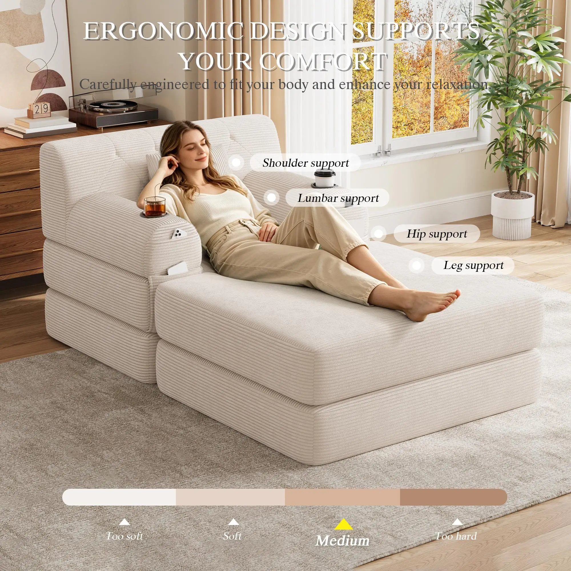 1 Seater Corduroy Sofa Bed 107 x 162 x 81cm - Beige - 7
