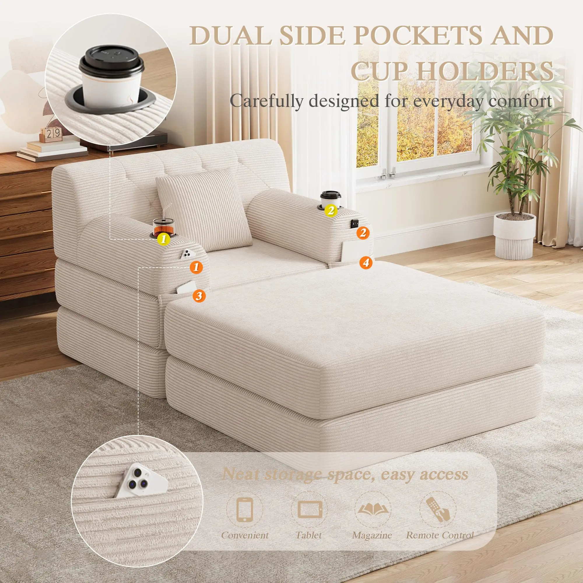 1 Seater Corduroy Sofa Bed 107 x 162 x 81cm - Beige - 8