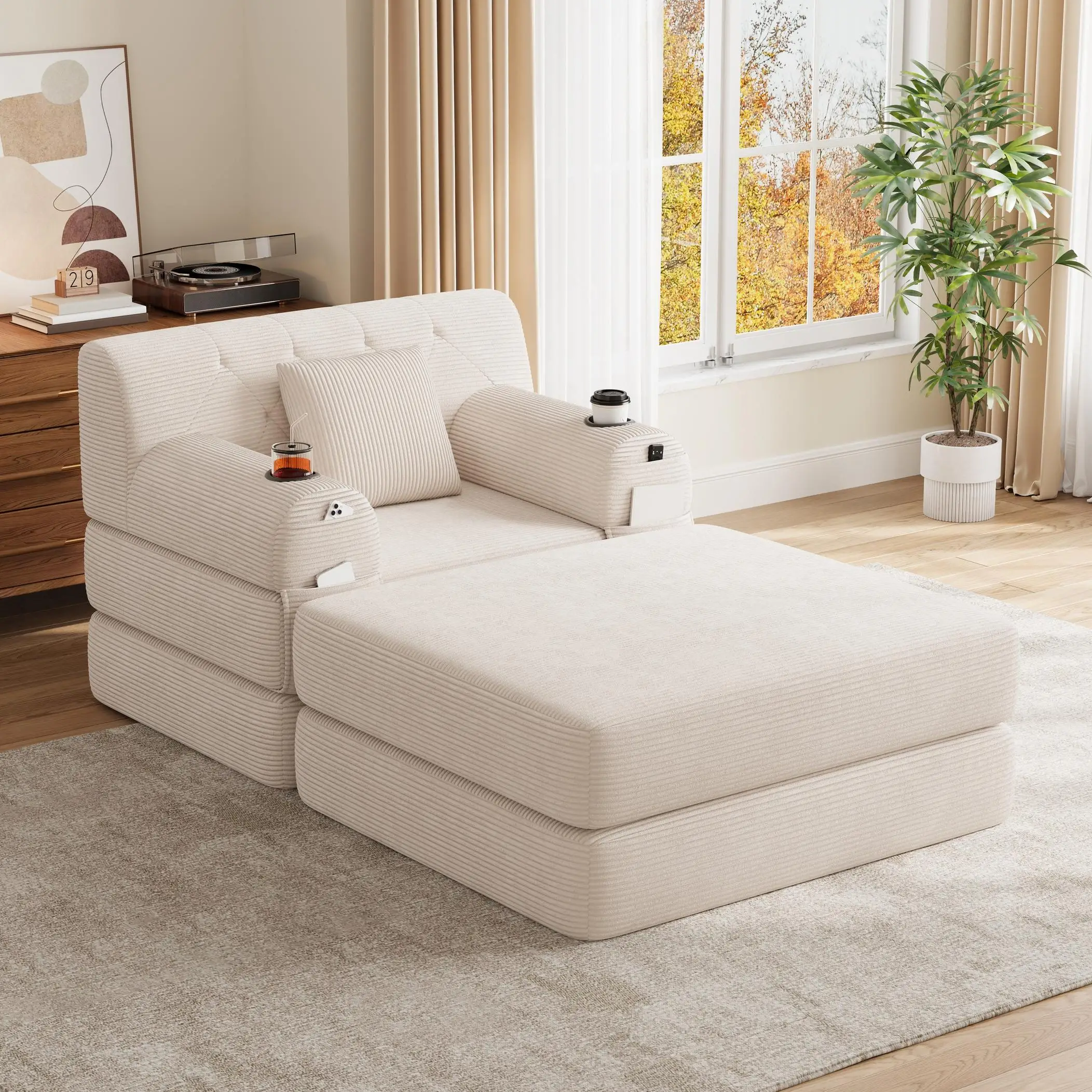 1 Seater Corduroy Sofa Bed 107 x 162 x 81cm - Beige - 9