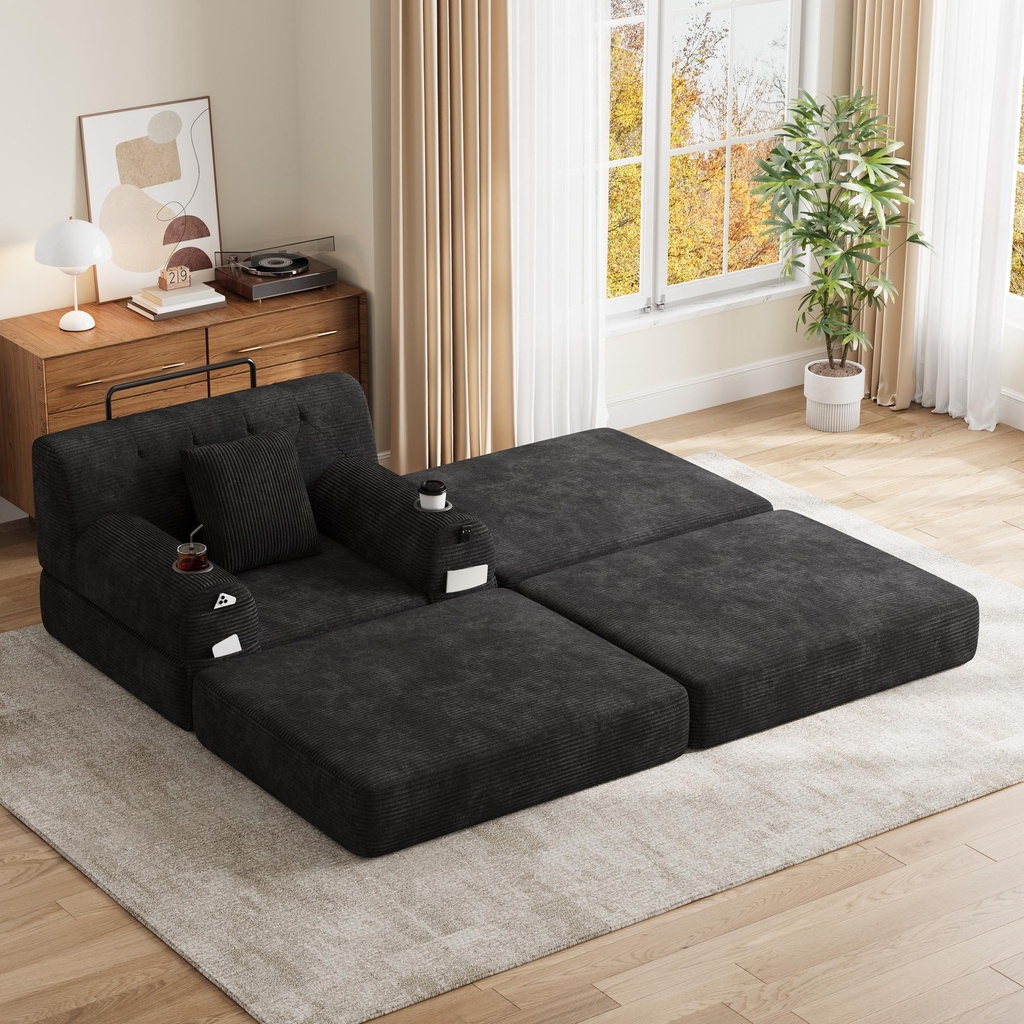 1 Seater Corduroy Sofa Bed 107 x 162 x 81cm - Black - 1