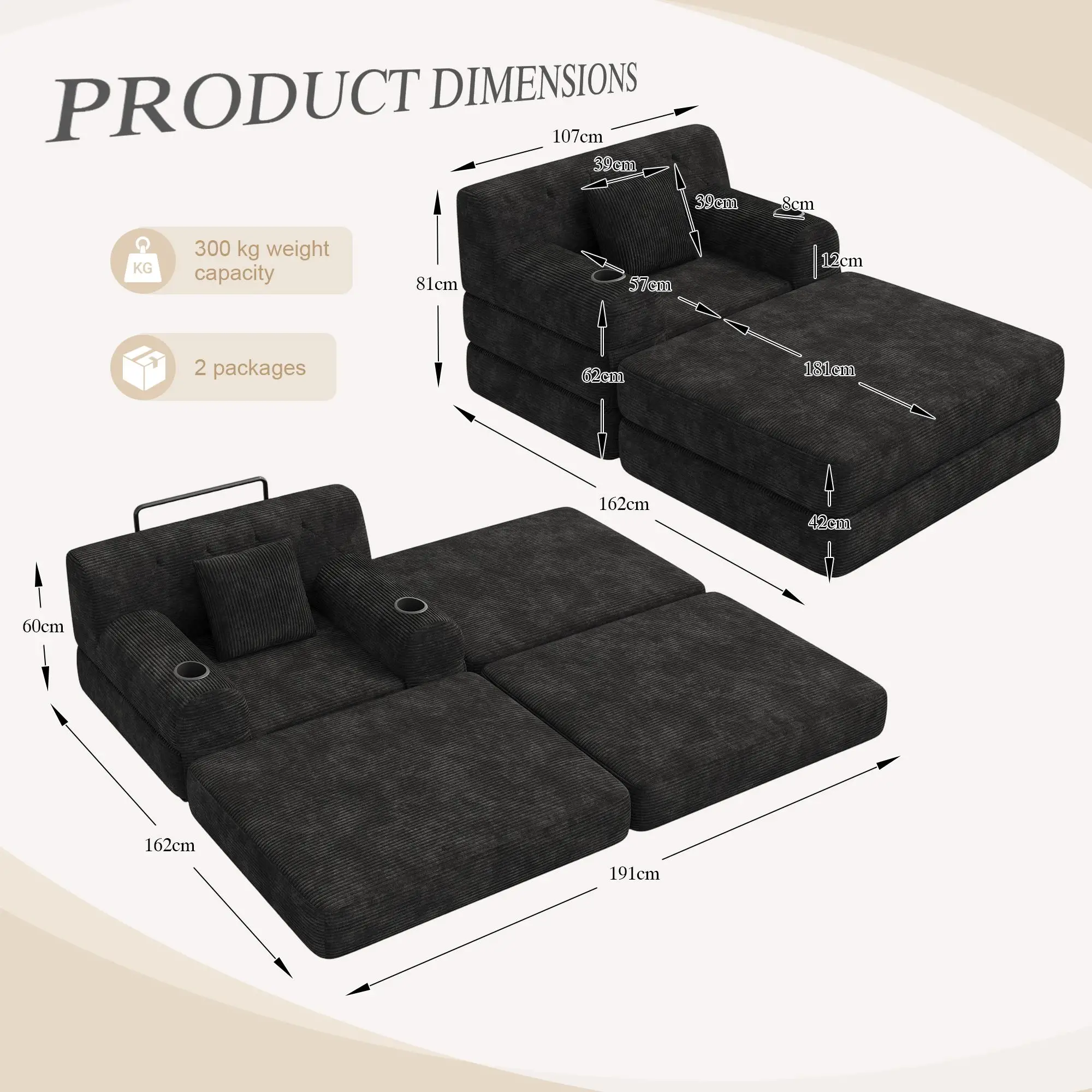 1 Seater Corduroy Sofa Bed 107 x 162 x 81cm - Black - 3