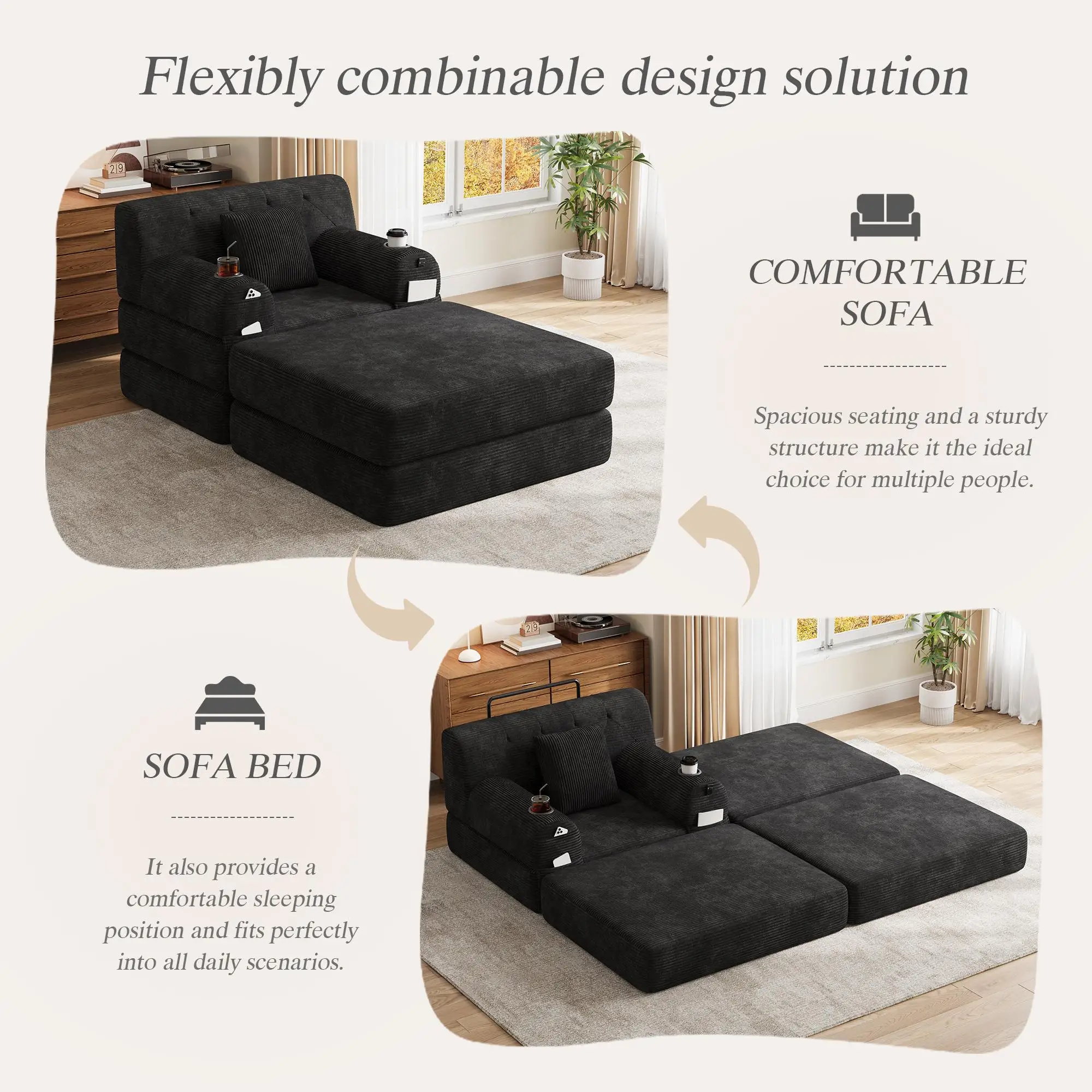 1 Seater Corduroy Sofa Bed 107 x 162 x 81cm - Black - 4