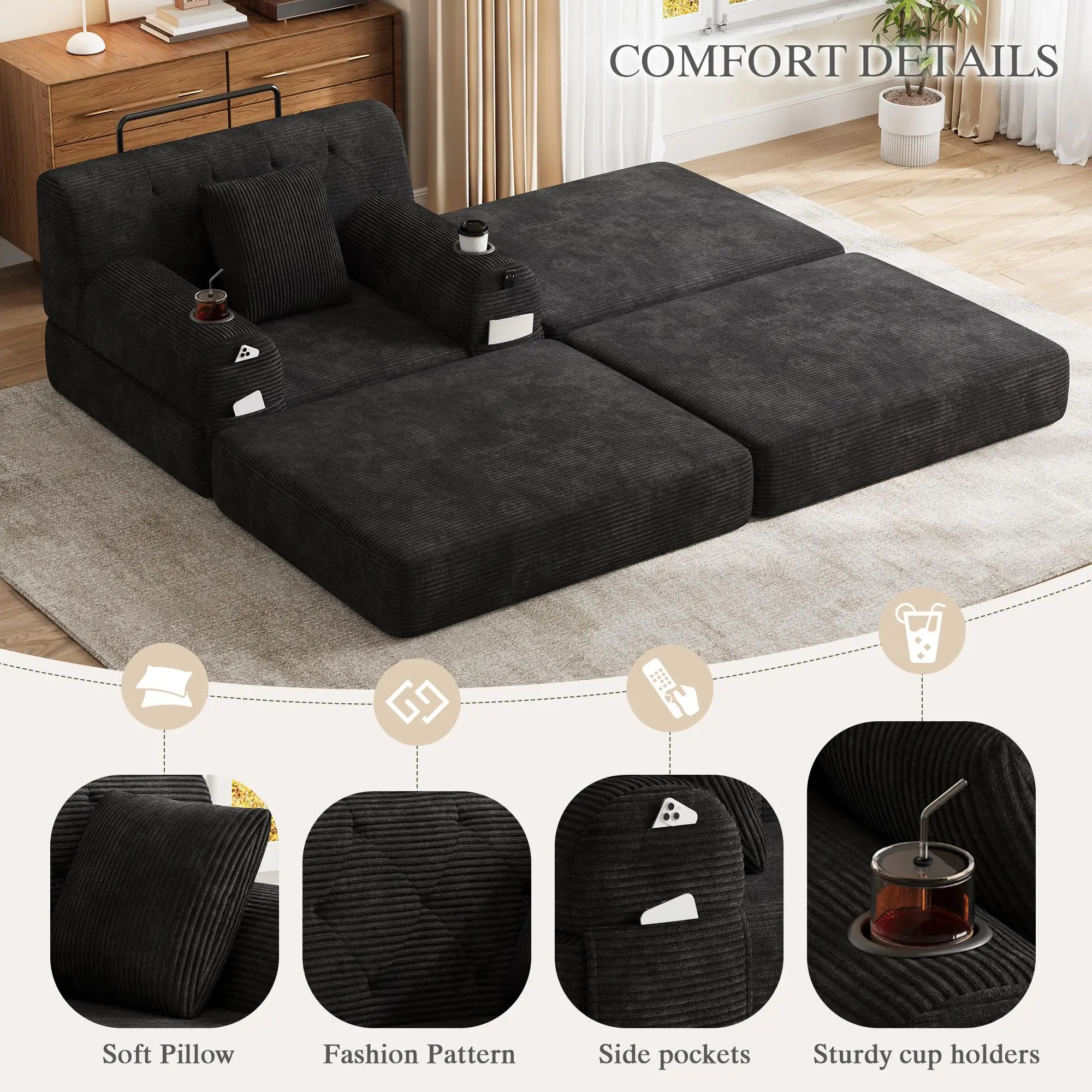 1 Seater Corduroy Sofa Bed 107 x 162 x 81cm - Black - 5