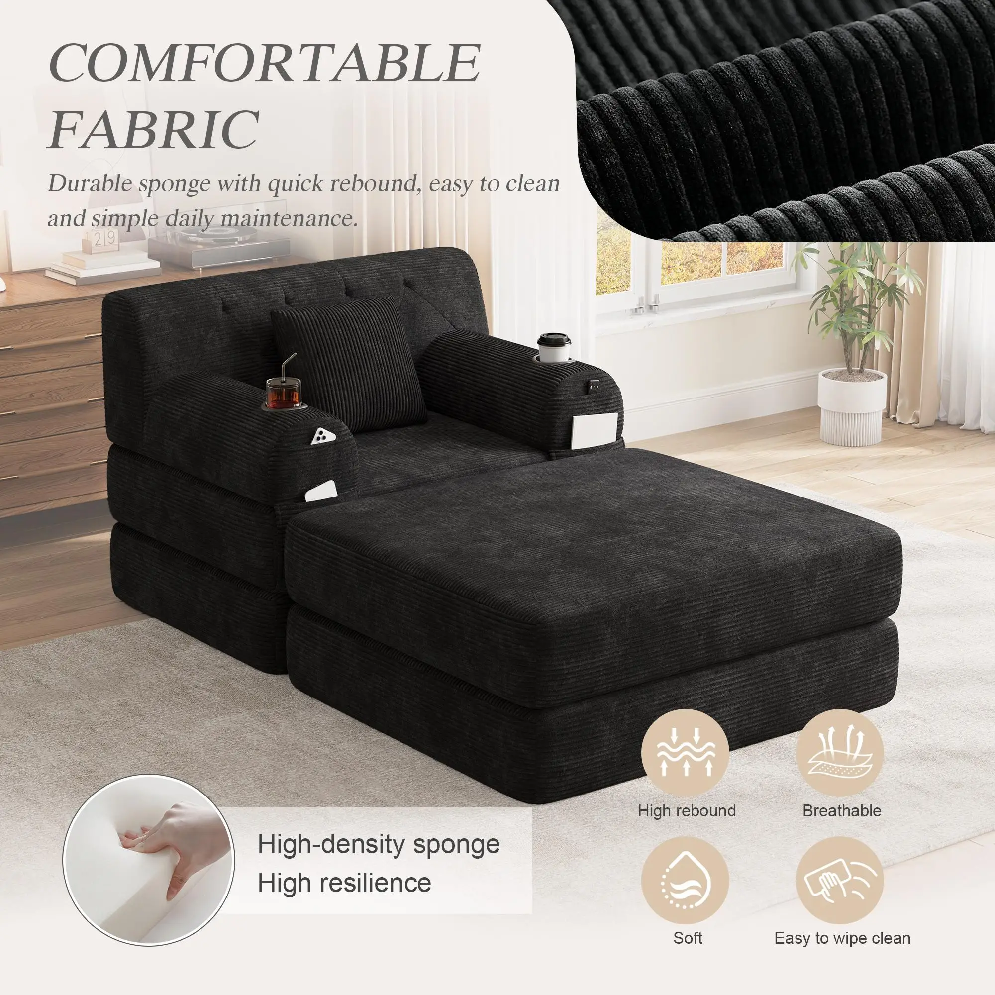 1 Seater Corduroy Sofa Bed 107 x 162 x 81cm - Black - 6