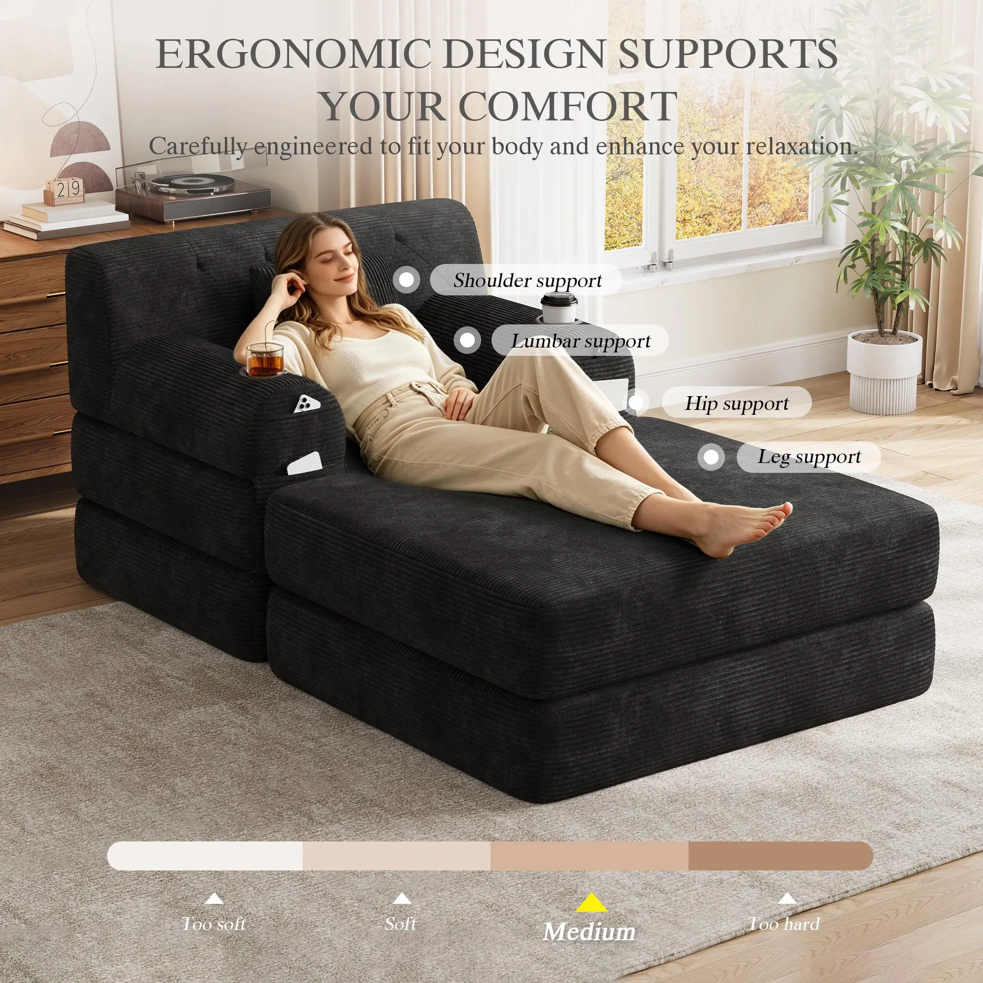 1 Seater Corduroy Sofa Bed 107 x 162 x 81cm - Black - 7