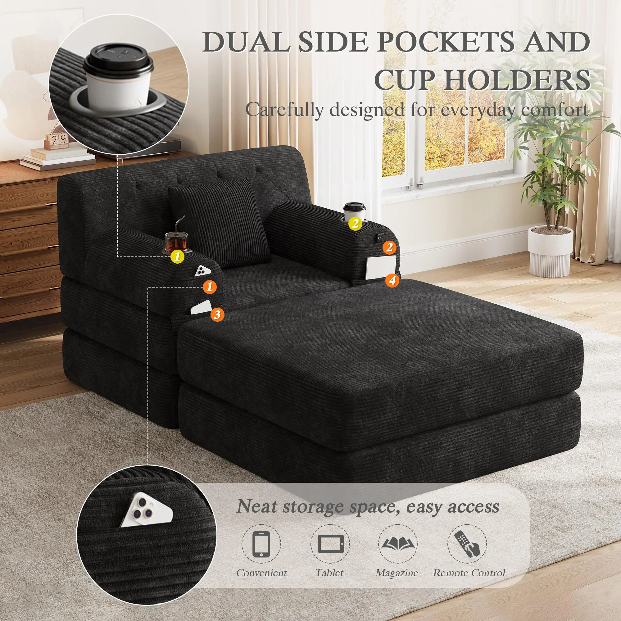 1 Seater Corduroy Sofa Bed 107 x 162 x 81cm - Black - 8