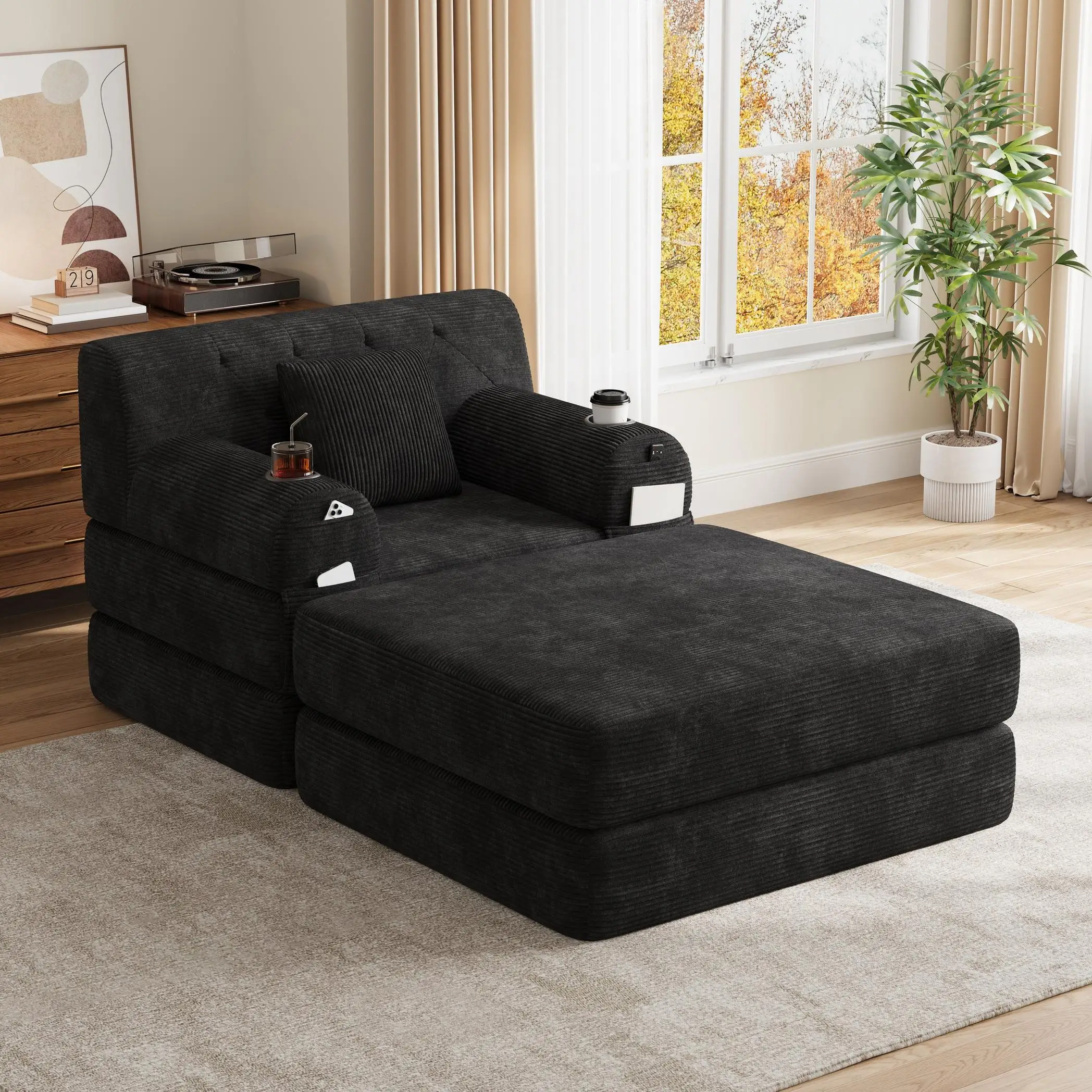 1 Seater Corduroy Sofa Bed 107 x 162 x 81cm - Black - 9