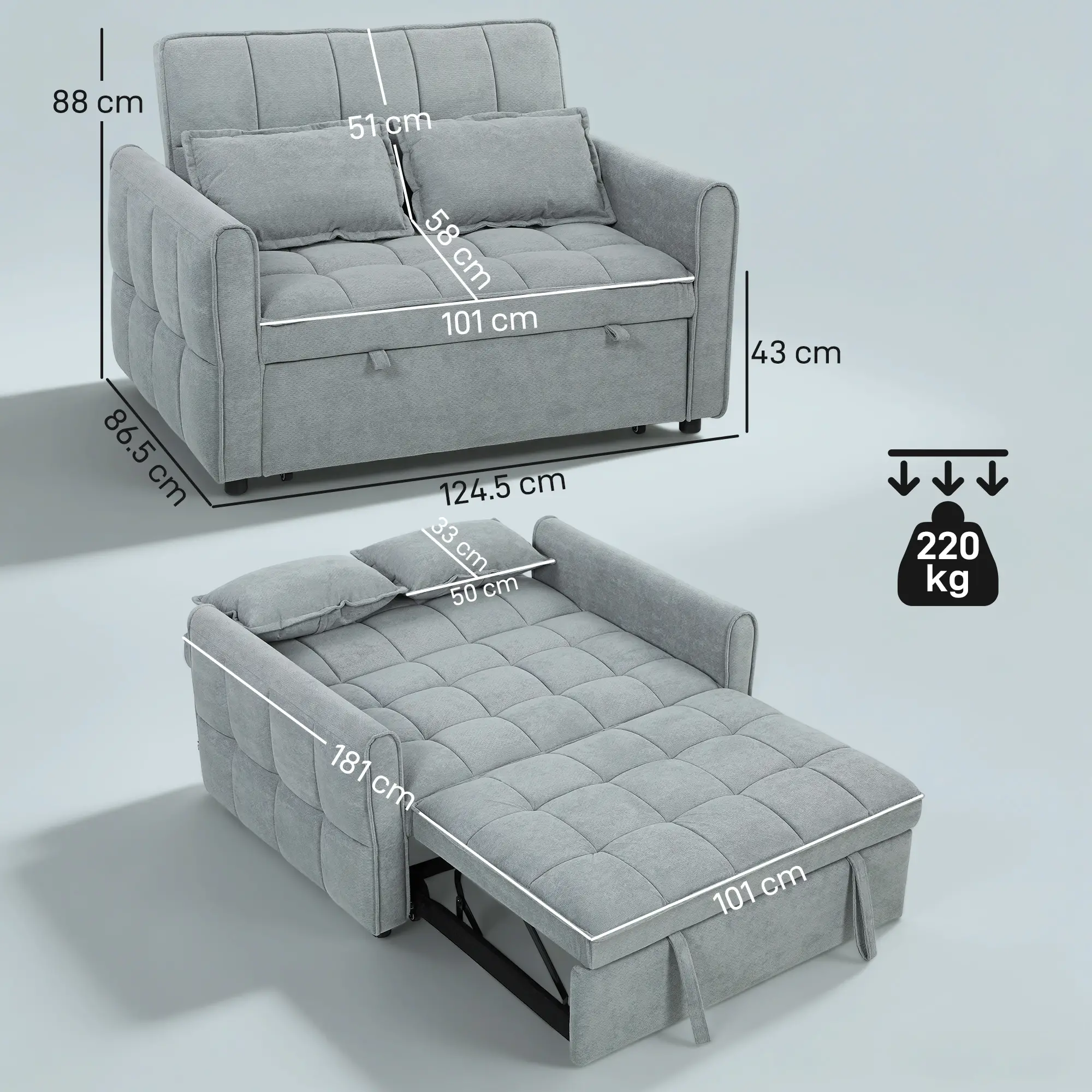 2 Seater Velvet Sofa Bed 124.5 x 86.5 x 88cm - Grey - 3