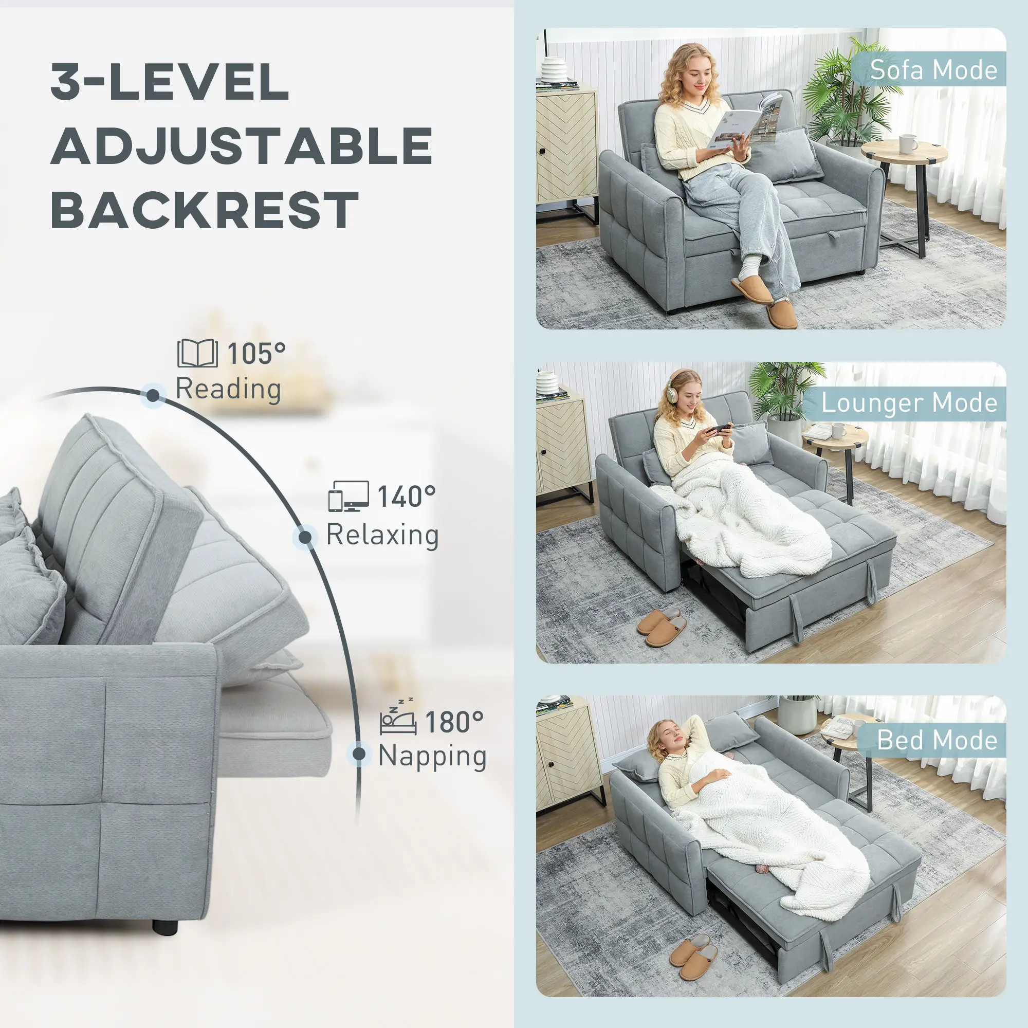2 Seater Velvet Sofa Bed 124.5 x 86.5 x 88cm - Grey - 5