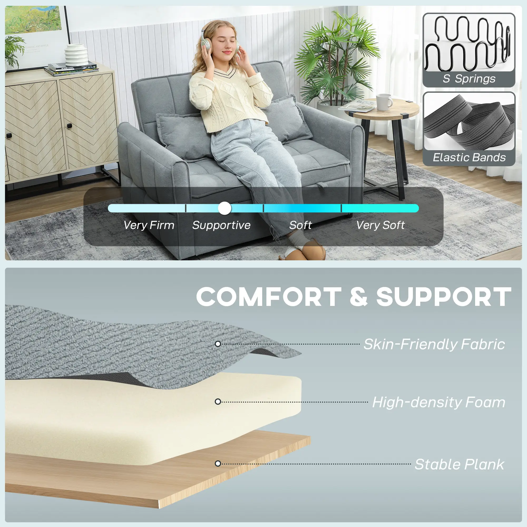 2 Seater Velvet Sofa Bed 124.5 x 86.5 x 88cm - Grey - 6