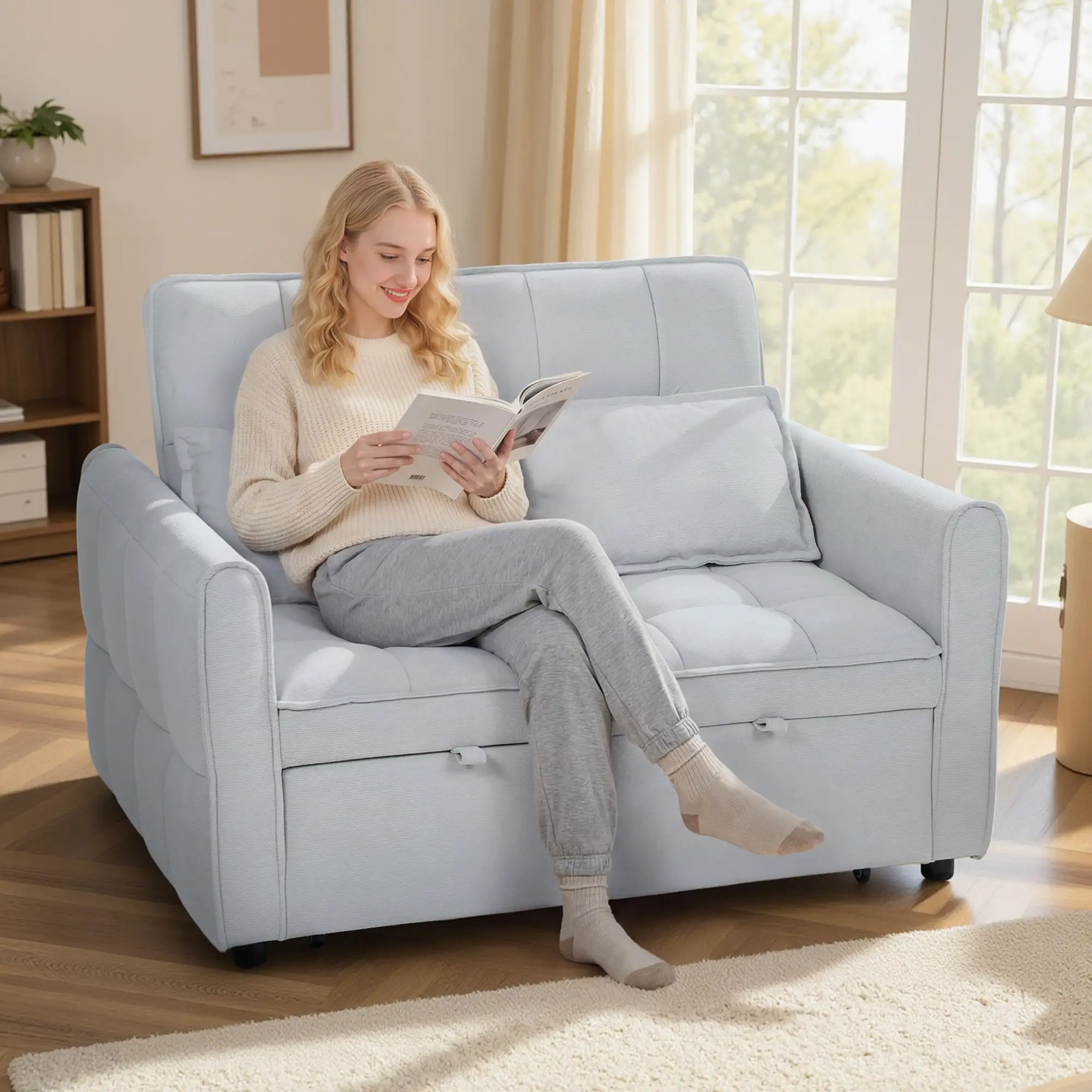 2 Seater Velvet Sofa Bed 124.5 x 86.5 x 88cm - Light Grey - 2