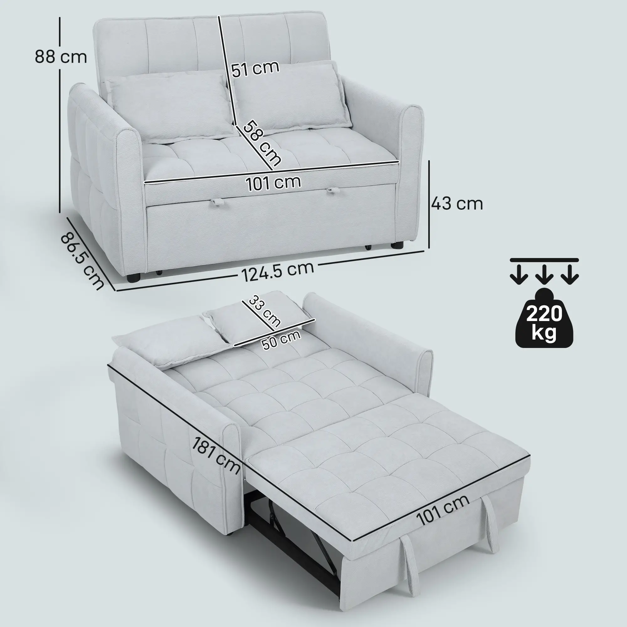 2 Seater Velvet Sofa Bed 124.5 x 86.5 x 88cm - Light Grey - 3