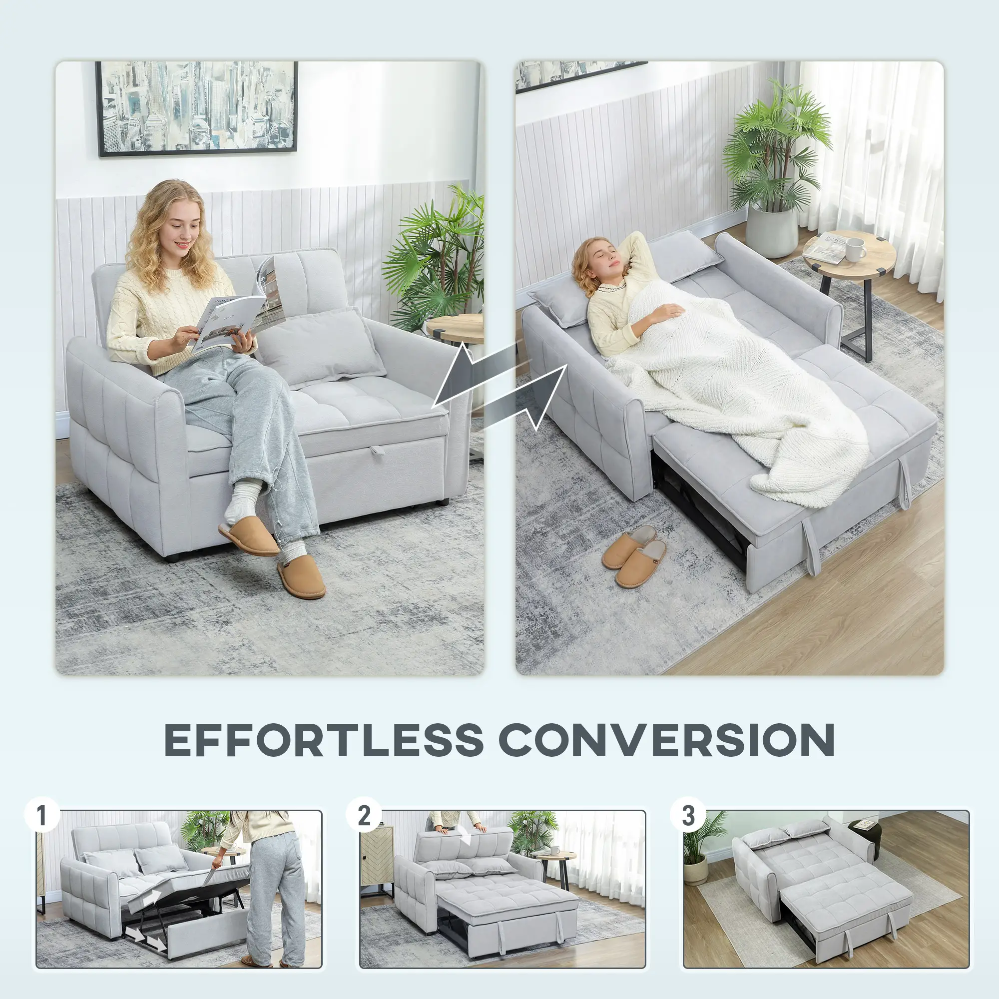 2 Seater Velvet Sofa Bed 124.5 x 86.5 x 88cm - Light Grey - 4