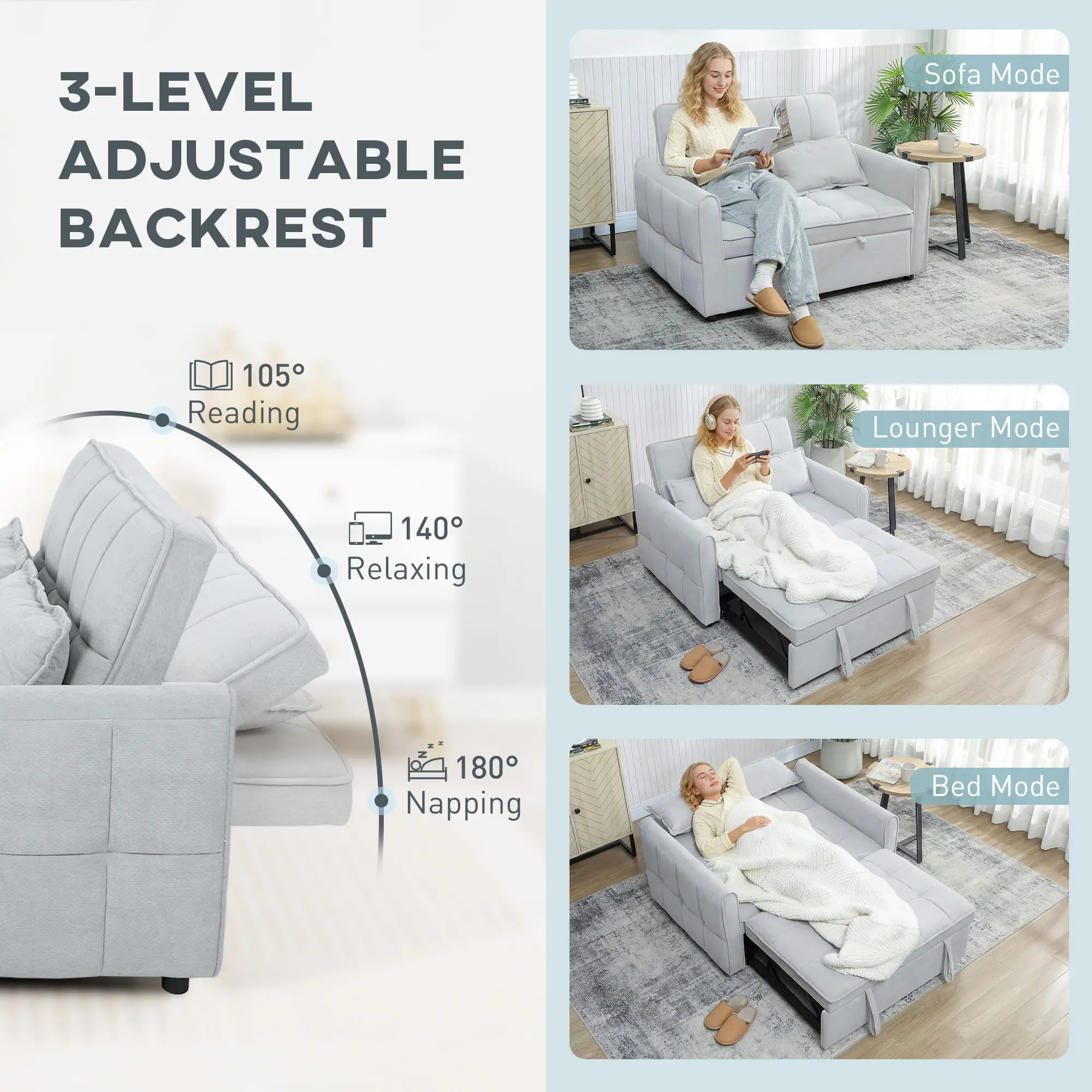 2 Seater Velvet Sofa Bed 124.5 x 86.5 x 88cm - Light Grey - 5