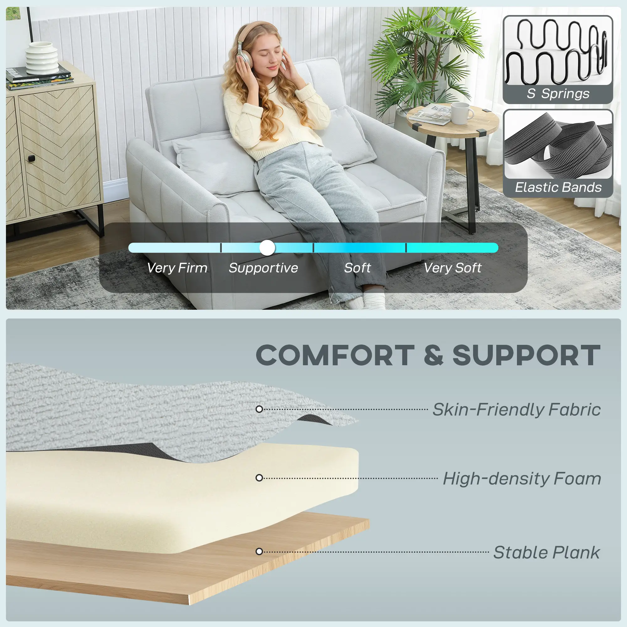 2 Seater Velvet Sofa Bed 124.5 x 86.5 x 88cm - Light Grey - 6