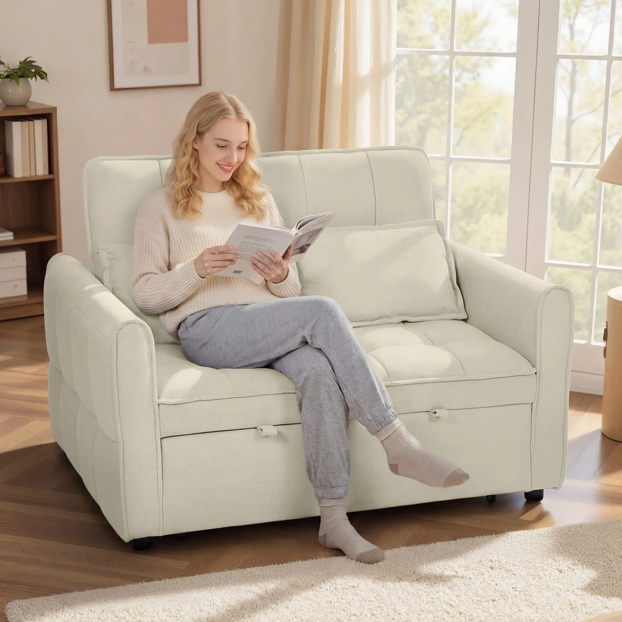 2 Seater Velvet Sofa Bed 124.5 x 86.5 x 88cm - Light Brown - 2