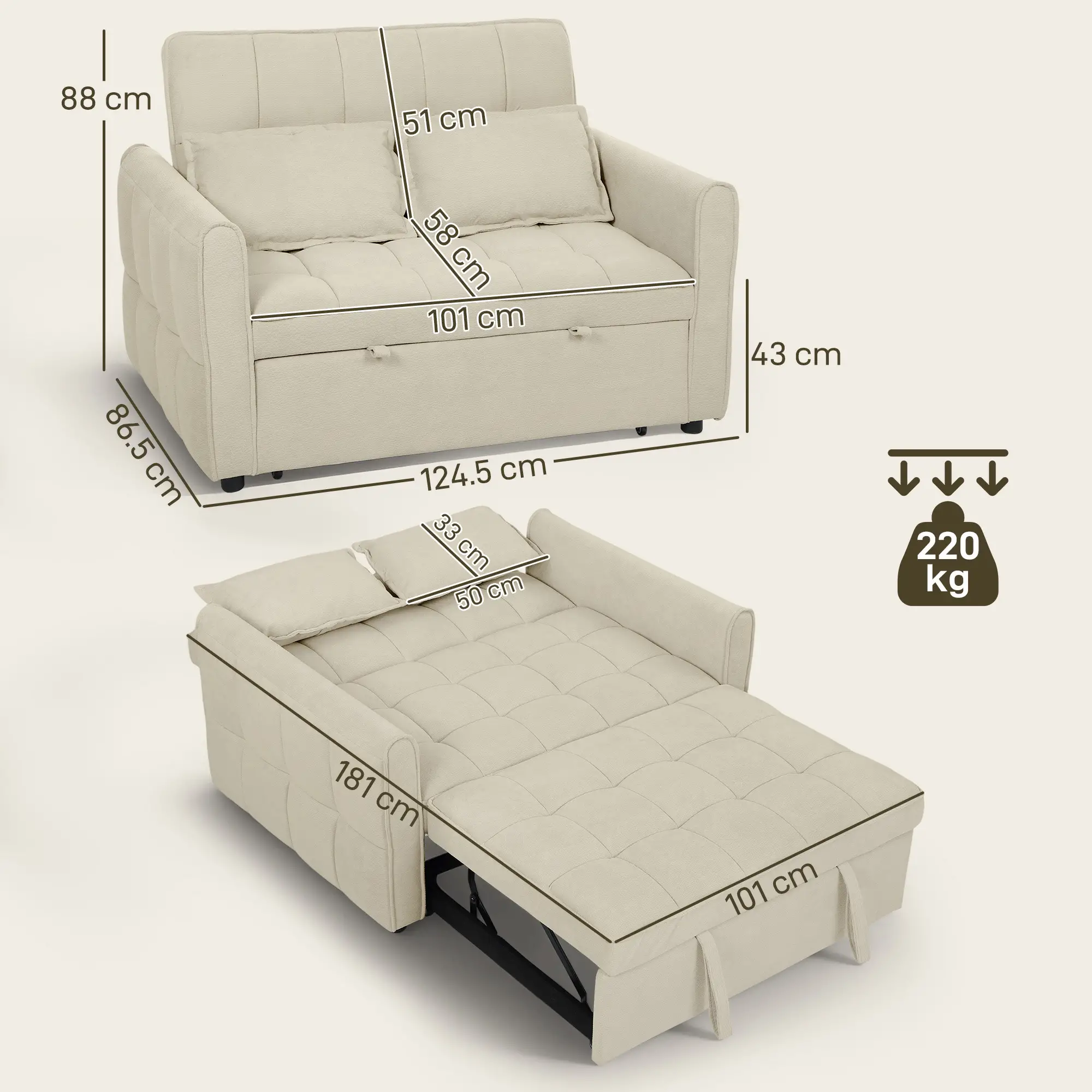2 Seater Velvet Sofa Bed 124.5 x 86.5 x 88cm - Light Brown - 3