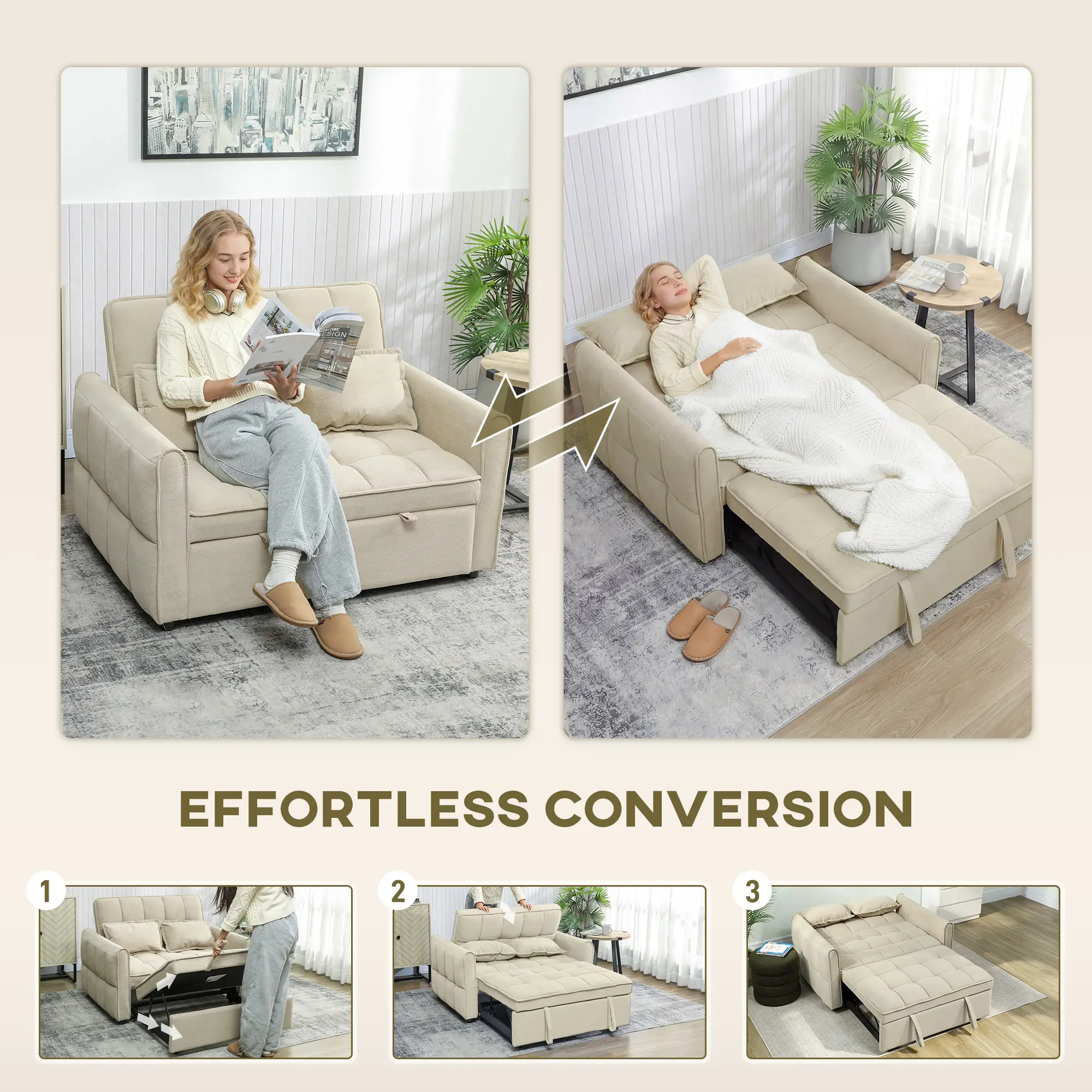 2 Seater Velvet Sofa Bed 124.5 x 86.5 x 88cm - Light Brown - 4