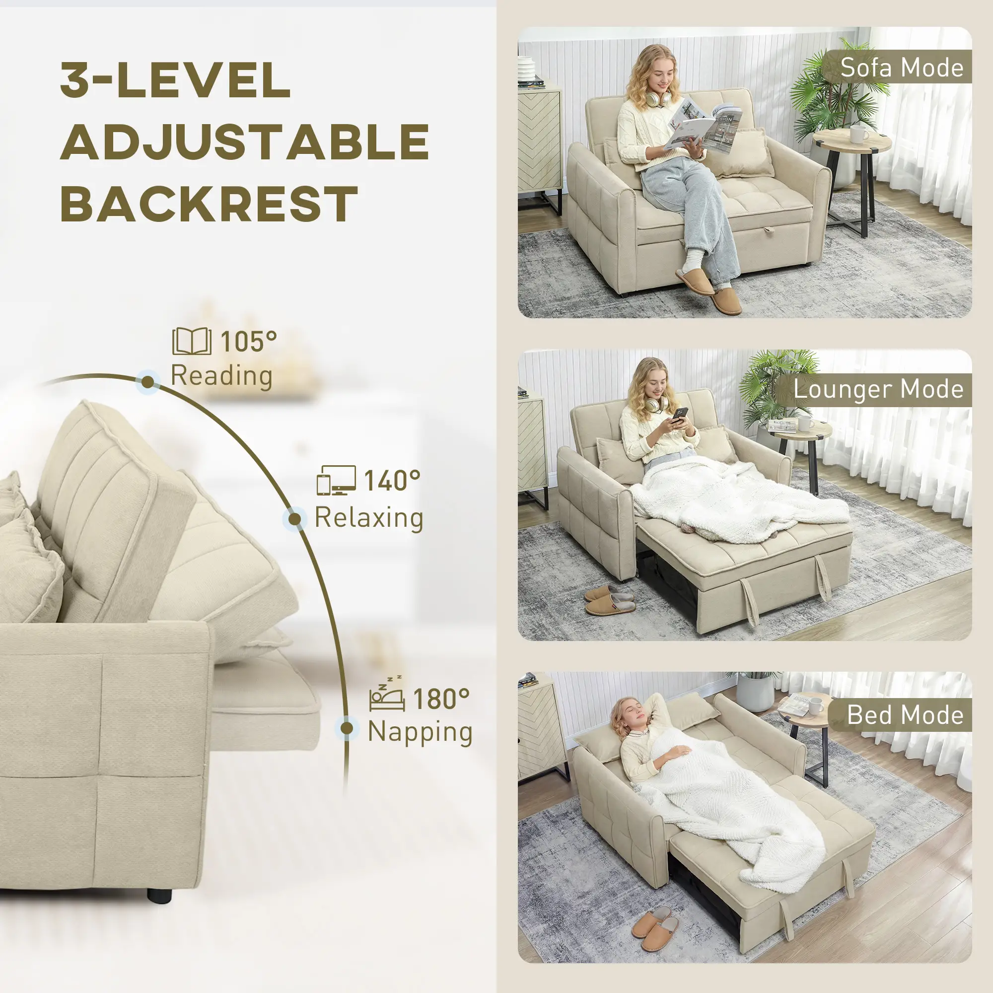 2 Seater Velvet Sofa Bed 124.5 x 86.5 x 88cm - Light Brown - 5